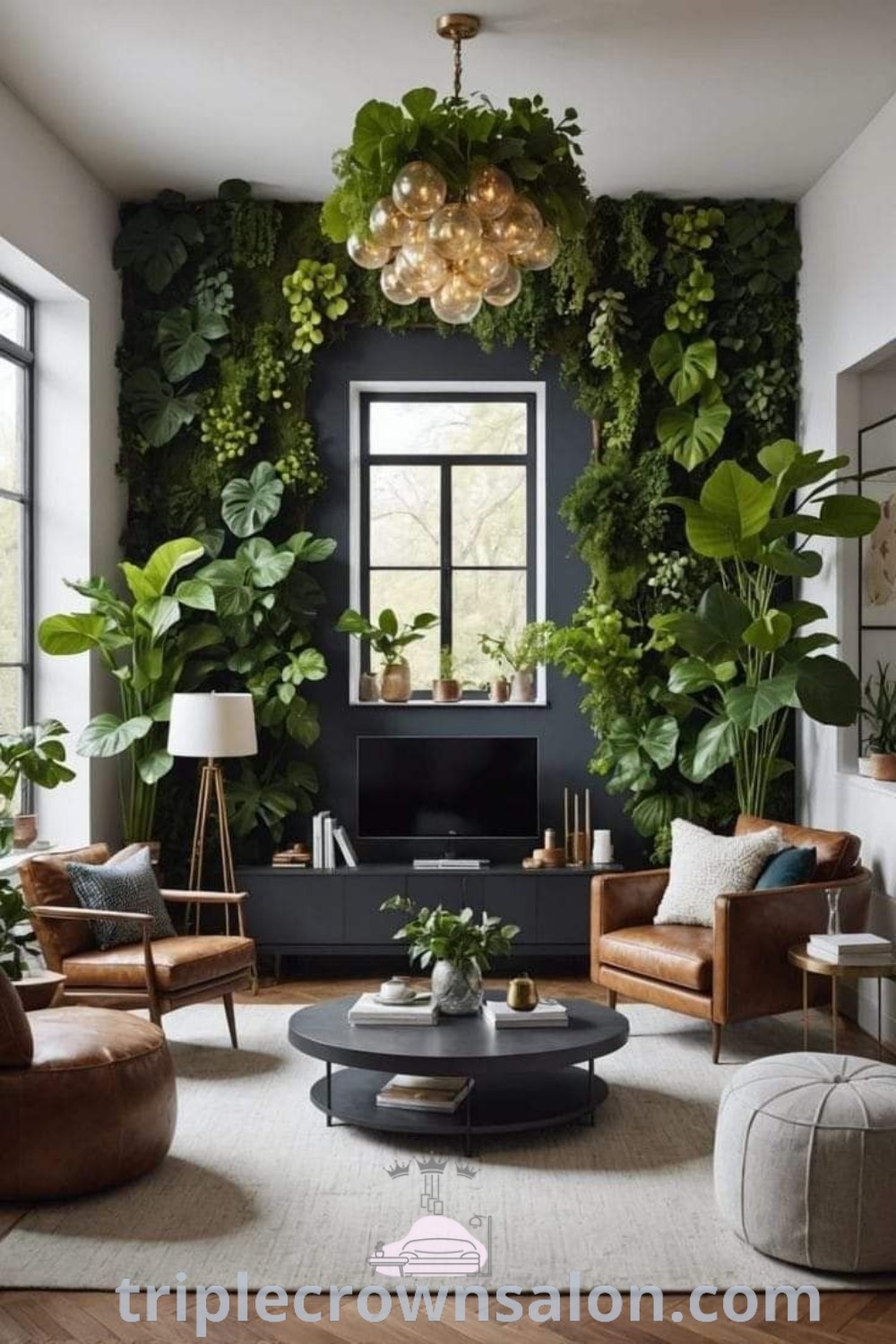 A stylish living room featuring modern luxury decor with indoor plants, black living room accents, and vibrant greens creating a jungle house environment. This unique setup offers inspiring decor ideas for your home. Visit triplecrownsalon.com for more inspirations.
