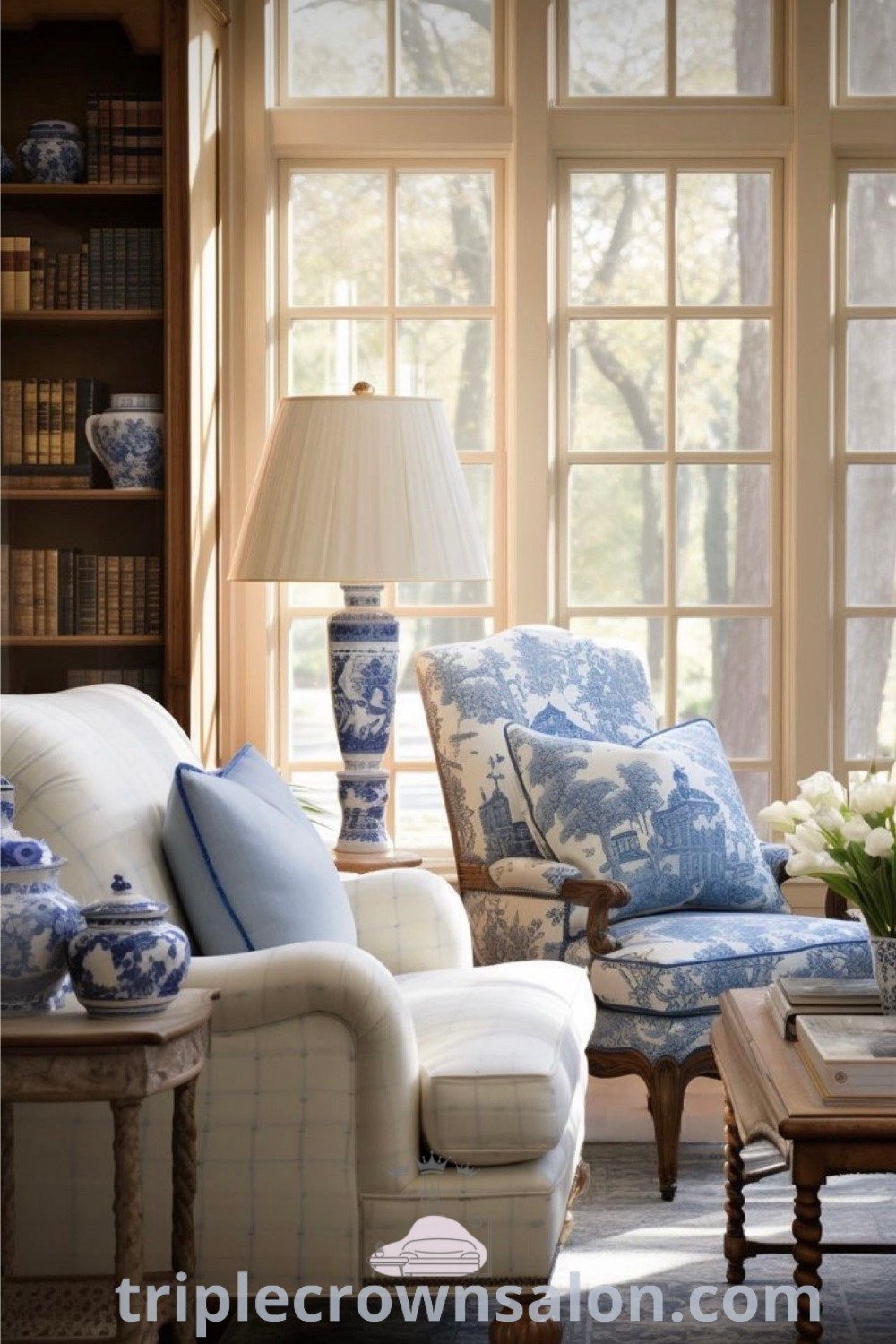 A cozy living room with blue and white furniture positioned before expansive windows, showcasing a beautiful view of the woods. The design reflects classic Southern interior themes and offers home decor ideas that inspire a warm and inviting space. Discover more on wellnesswink.com.