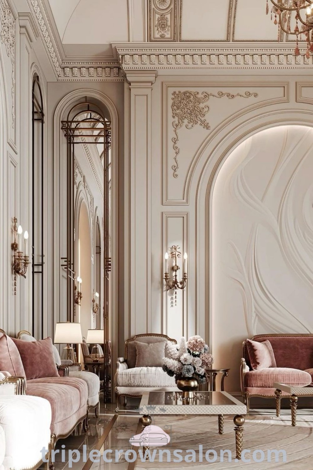 A stylish neoclassical living room displaying luxury design elements, combining classical modern and French interior inspirations. This space is designed for comfort and elegance, featuring plush furniture and sophisticated decor ideas. Explore more unique inspirations for your home at wellnesswink.com.