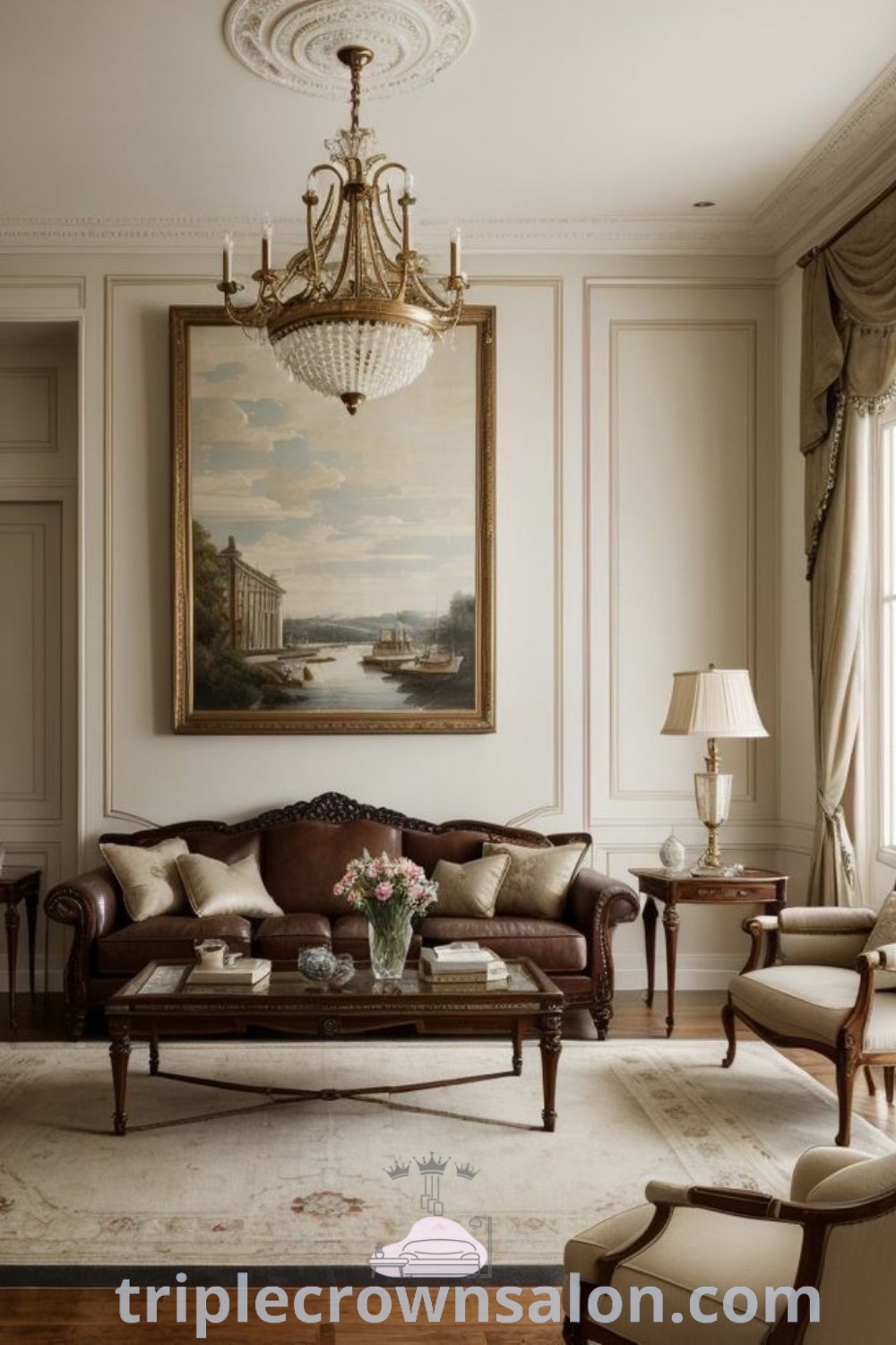 An elegant country house living room featuring luxurious furniture, a chandelier, and vintage decor elements, reflecting Old Money vintage house aesthetics. Perfect for inspiring cozy ideas and design inspirations for apartments or homes, showcasing decor ideas that blend classic and ethereal traditional styles. Visit triplecrownsalon.com for more unique ideas.