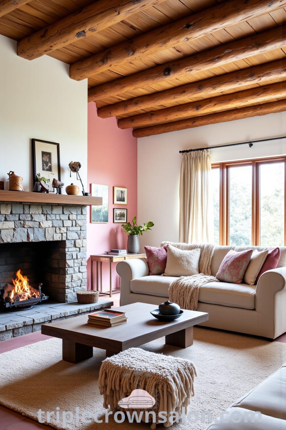 A cozy rustic living room featuring soft pink walls, natural wood accents, a plush sofa, and a crackling stone fireplace, complemented by decorative throws and cushions, embodying inviting decor inspirations and unique ideas for your home at fireplacesandwoodstoves.com.