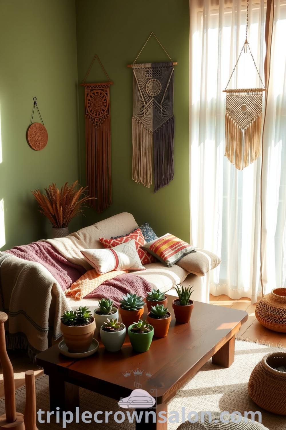 Cozy boho living room filled with sunlight, featuring a plush oversized sofa with colorful throw pillows, macramé wall hangings, and a wooden coffee table adorned with potted succulents for a warm and inviting atmosphere, perfect for relaxation. Visit fireplacesandwoodstoves.com for cozy ideas and inspiring home decor inspirations.
