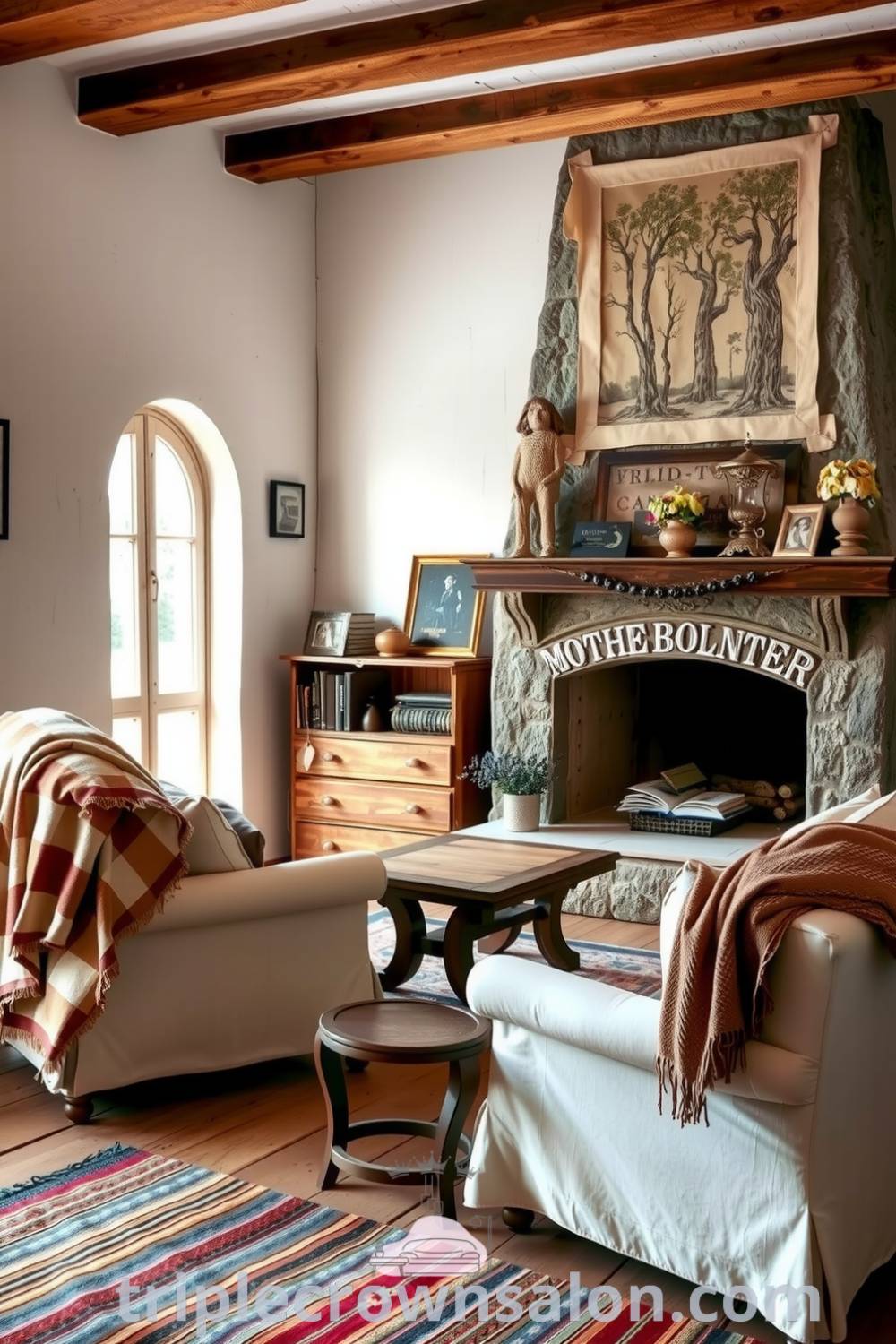 Cozy rustic living room featuring whitewashed walls, a textured stone fireplace adorned with crafts and family photos, overstuffed armchairs, and a warm ambiance ideal for relaxation and comfort, ideal for inspiring cozy decor ideas for your home, courtesy of triplecrownsalon.com.