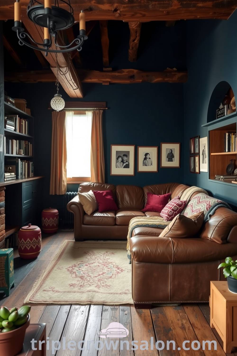 Cozy living room with deep blue walls, exposed wooden beams, a leather sofa with handwoven blankets, weathered bookshelves filled with novels and family photos, and soft light filtering through sheer curtains, creating an inviting and warm atmosphere. Visit triplecrownsalon.com for inspiring decor ideas for your home.
