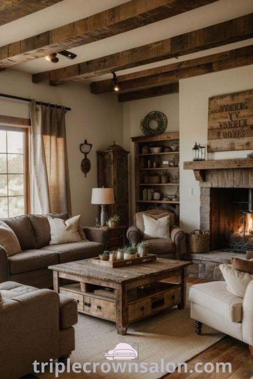 A cozy rustic farmhouse living room with couches, chairs, and a fireplace, showcasing design ideas that emphasize a warm, inviting atmosphere. This space features decor ideas and inspirations for rustic living rooms, highlighting the unique charm of farmhouse style. Discover more about cozy home designs at triplecrownsalon.com.