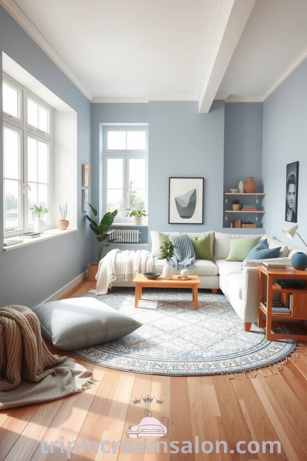 Scandinavian living room showcasing soft blue hues, light oak flooring, a plush rug, minimalist furniture, a cozy sectional sofa with knitted throws, wooden accents, and plants, creating a serene and inviting ambiance for cozy evenings and gatherings. Visit triplecrownsalon.com for more cozy ideas and decor inspirations.