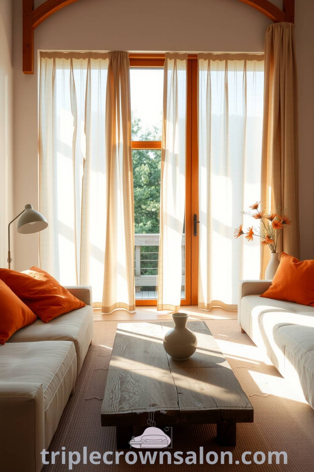 Japandi living room with warm orange accents, soft beige hues, rich wood elements, natural light, silky linen curtains, and minimalist wooden coffee table, creating a cozy aesthetic perfect for relaxation. For more cozy ideas, visit triplecrownsalon.com.