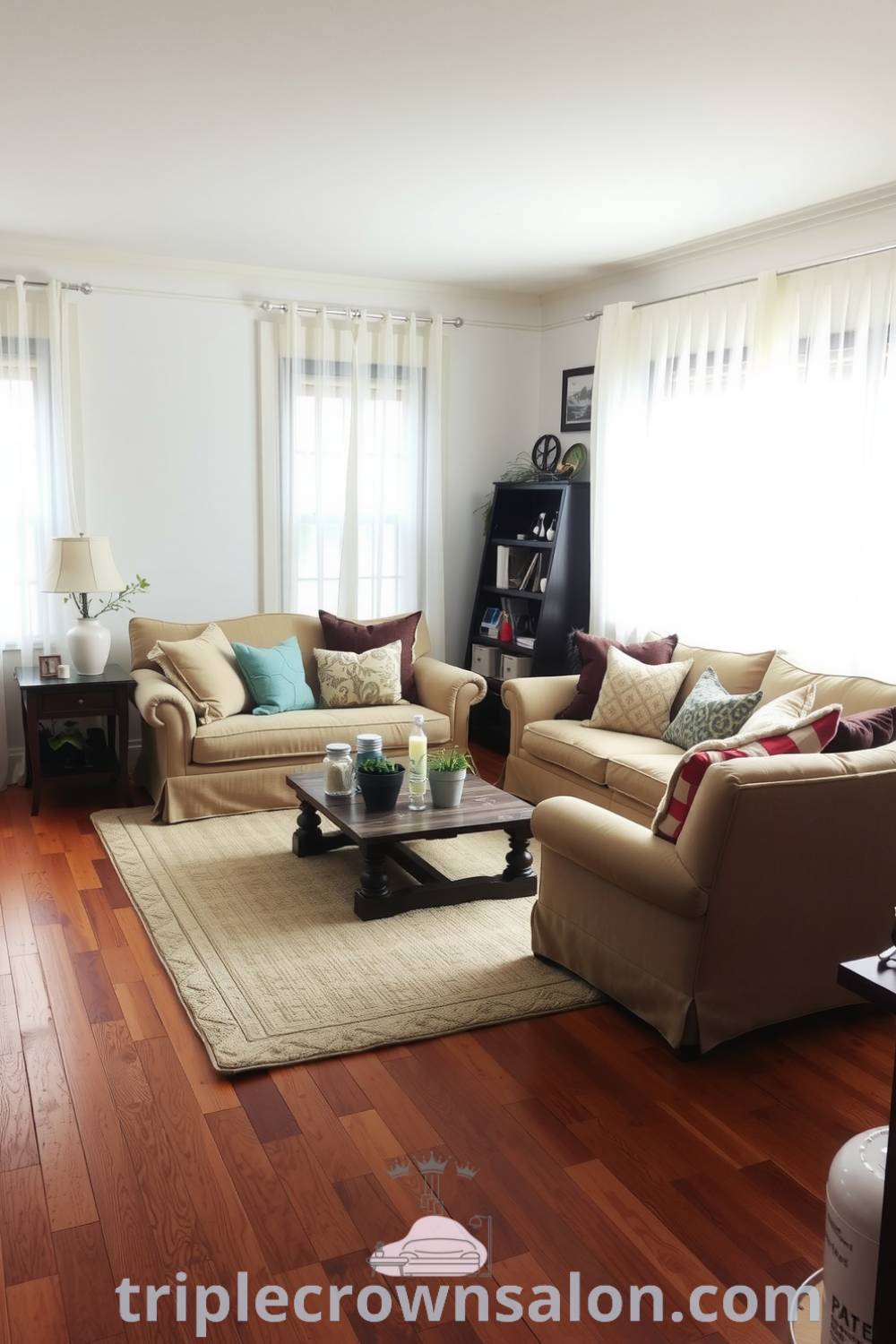Cozy living room design featuring rich wooden flooring, plush sofa with mismatched pillows, rustic coffee table, and soft natural light from sheer curtains, showcasing unique ideas for a comfortable home environment, as seen on fireplacesandwoodstoves.com.