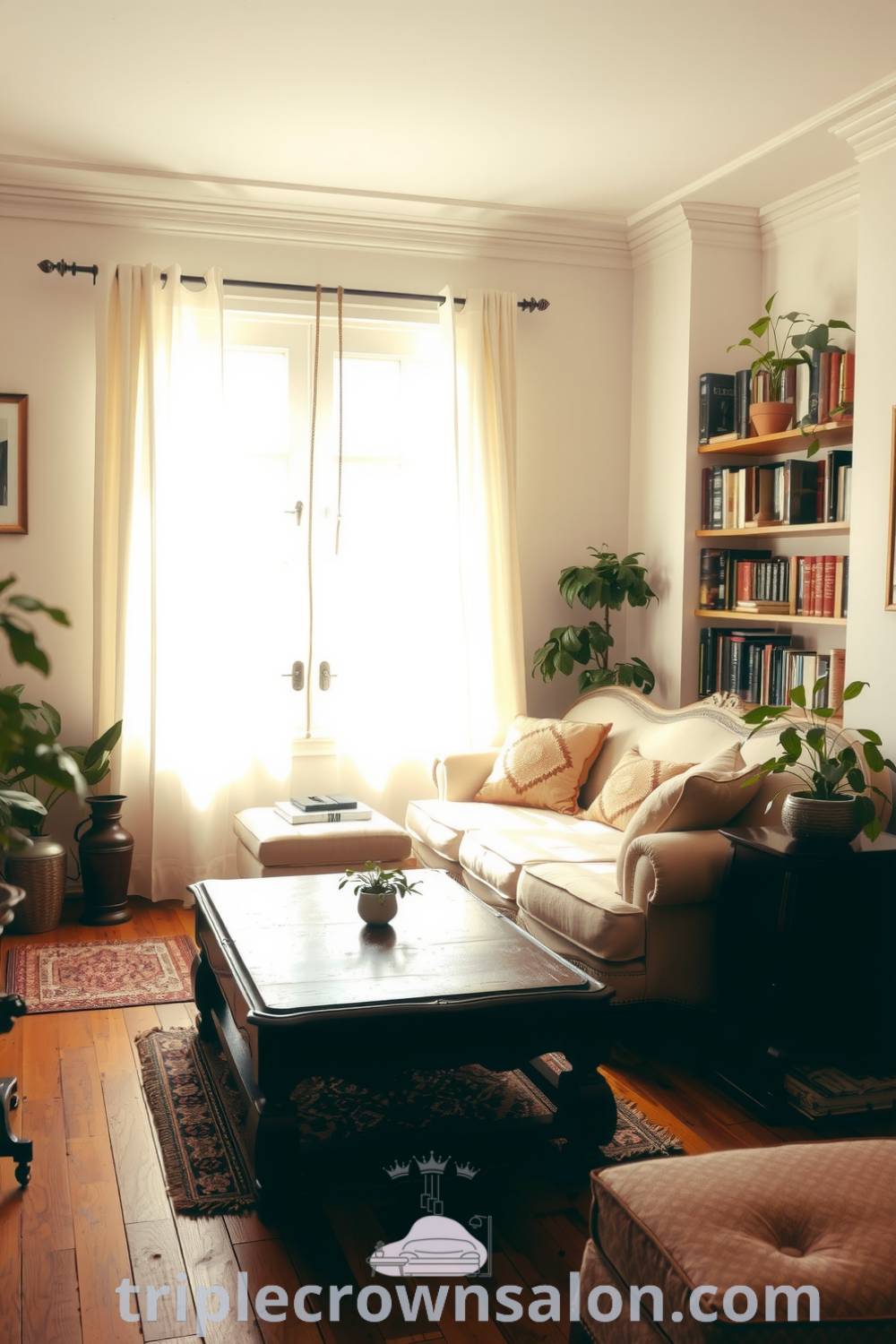 Cozy living room featuring white walls, a plush worn sofa, a vintage coffee table, and warm sunlight filtering through sheer curtains, enhanced by bookshelves and potted plants, showcasing inspiring decor ideas for your home on fireplacesandwoodstoves.com.