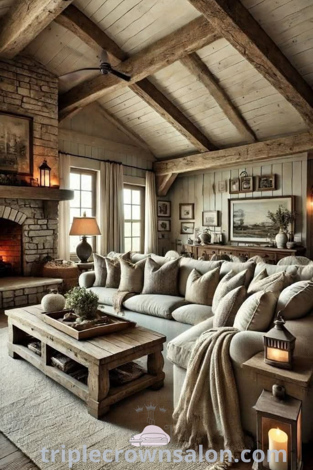 A cozy rustic living room showcasing a rustic sectional sofa and wood beams, creating an inviting atmosphere for family gatherings. This decor offers unique ideas for small spaces, including farmhouse living room designs and cozy home inspirations. Discover more about this cozy aesthetic at triplecrownsalon.com.
