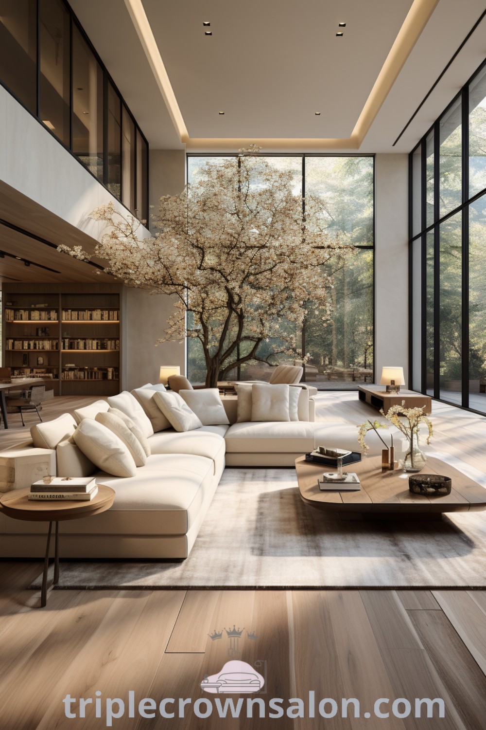 A modern living room filled with luxurious furniture and large glass windows, featuring a wooden floor that highlights the cozy aesthetic. This design showcases inspiring decor ideas for your home, blending functionality with style. Visit triplecrownsalon.com for more unique ideas and inspirations.