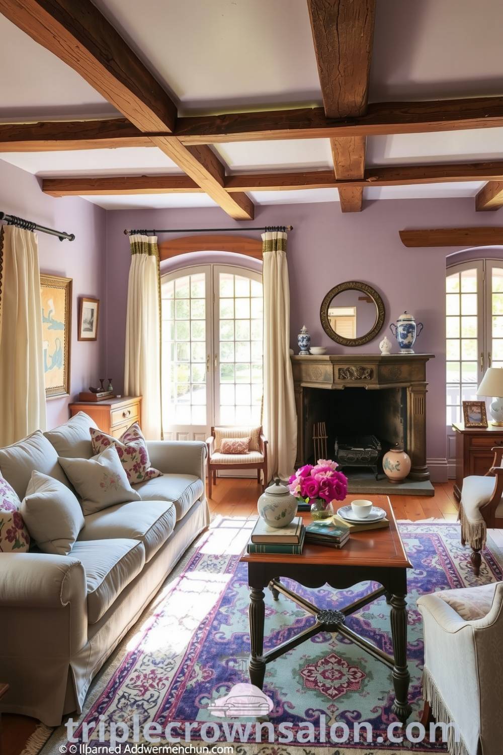 Cozy French living room with muted lavender walls, overstuffed floral-patterned sofa, faded Persian rug, weathered wooden beams, rustic stone fireplace, and vintage coffee table, showcasing inspiring decor ideas for a cozy home. Visit triplecrownsalon.com for design tips.
