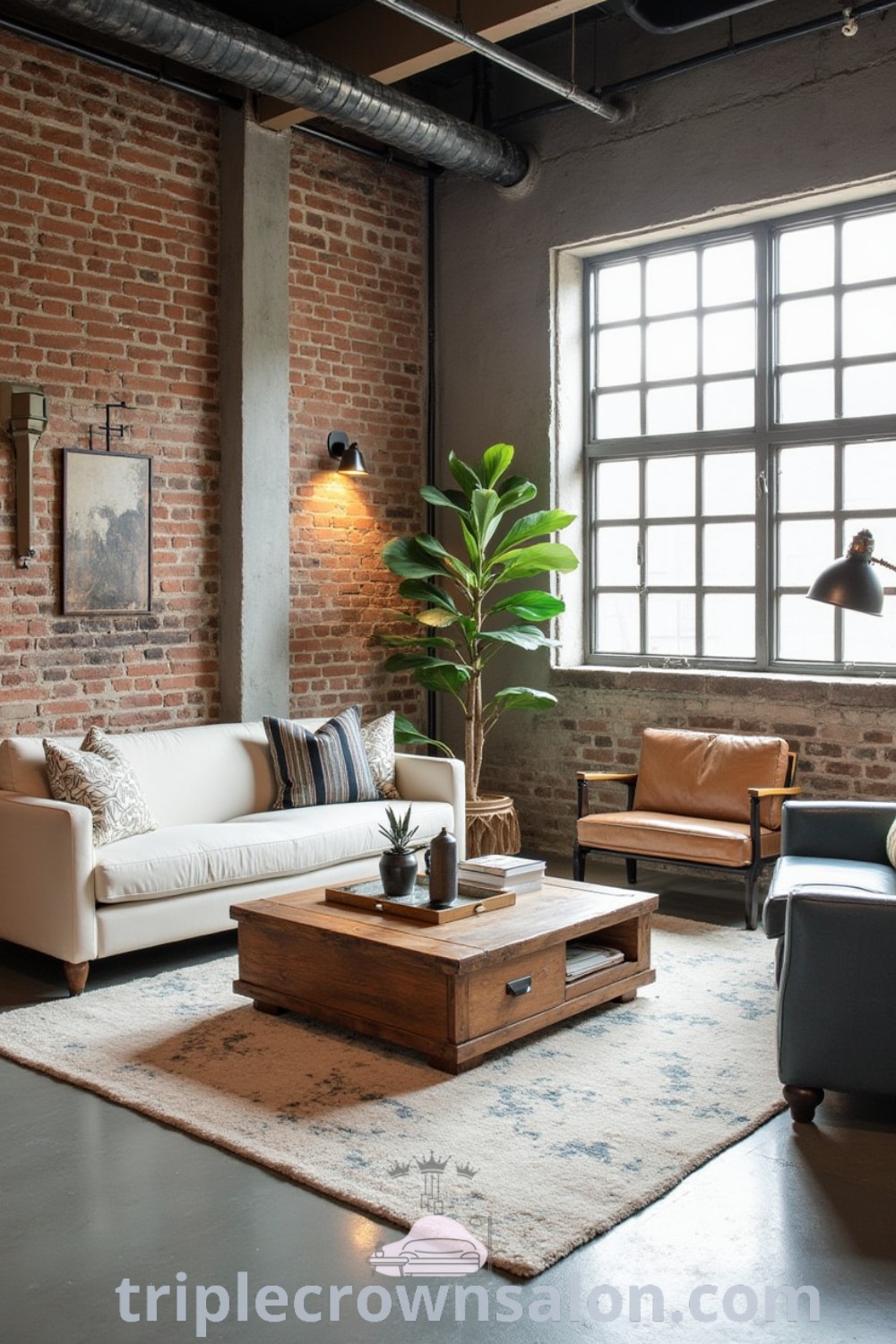 A feminine Scandinavian industrial interior featuring exposed brick walls, soft textiles, and minimalist furnishings; this decor offers unique ideas for a cozy home. Perfect for those seeking inspiring design trends, check out more decor ideas at triplecrownsalon.com.
