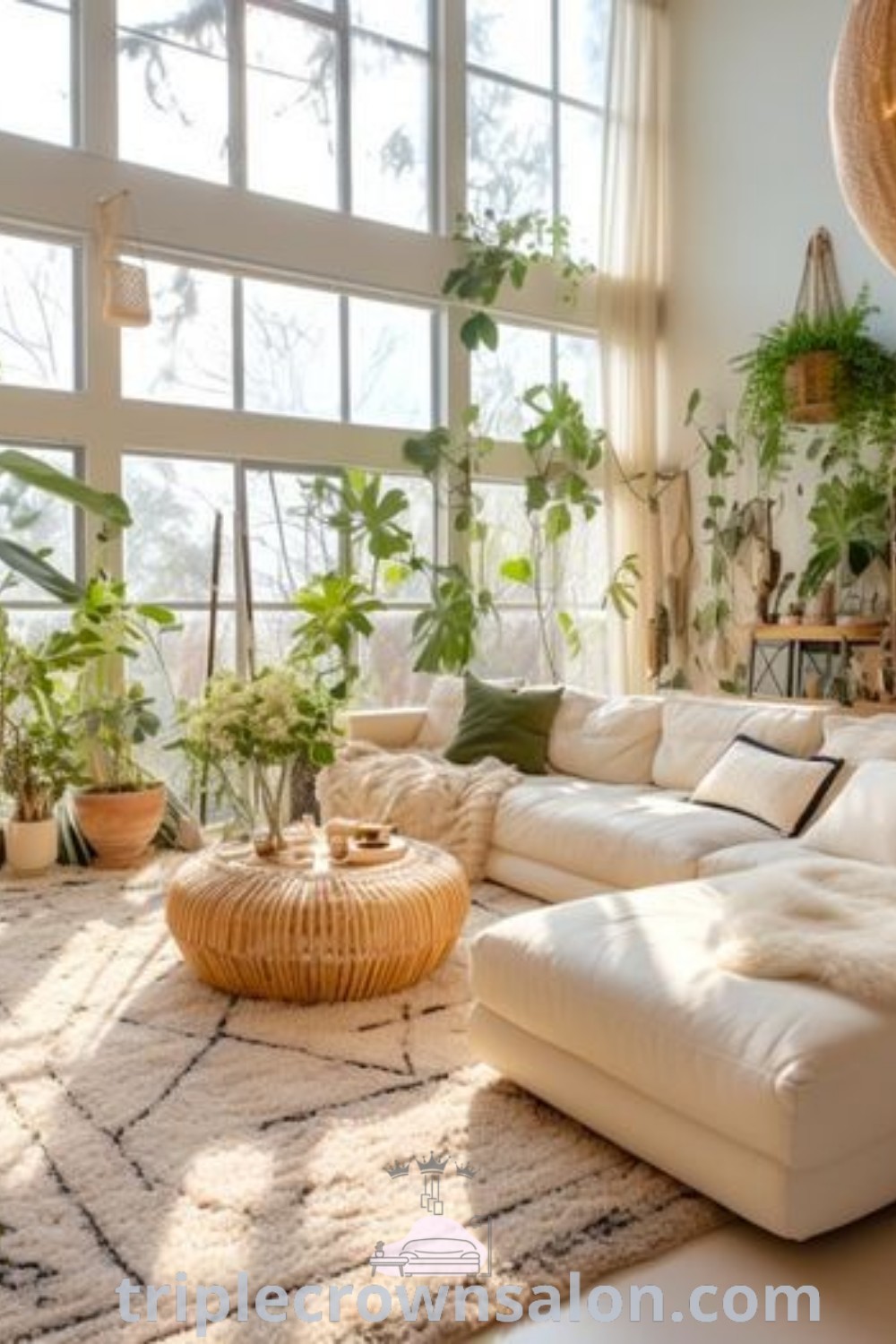 A charming living room filled with furniture, a tan couch, and numerous plants on the windowsills, creating a cozy and family-friendly atmosphere. This earthy modern living room exemplifies unique decor ideas and inspirations for your home, perfect for apartment or house settings. Discover more ideas at triplecrownsalon.com.