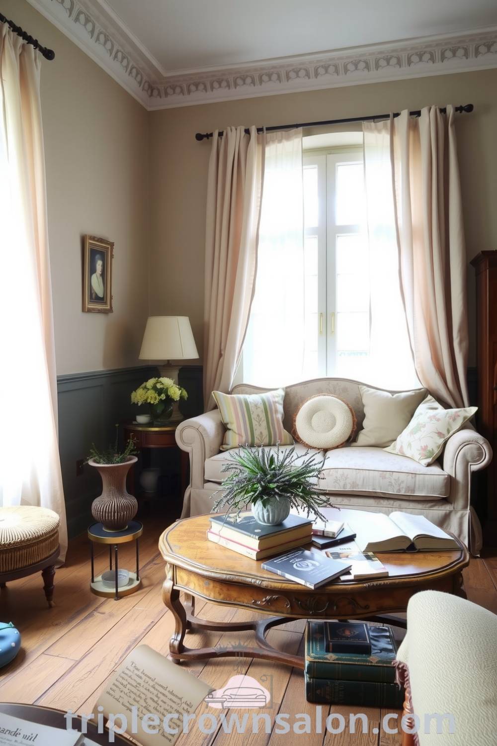 French living room with muted pastel walls, sheer linen drapes, a plush tapestry couch with mismatched pillows, a rustic wooden floor, an antique coffee table, and a vase of wildflowers, creating a cozy and inviting space. For more cozy ideas, visit triplecrownsalon.com.
