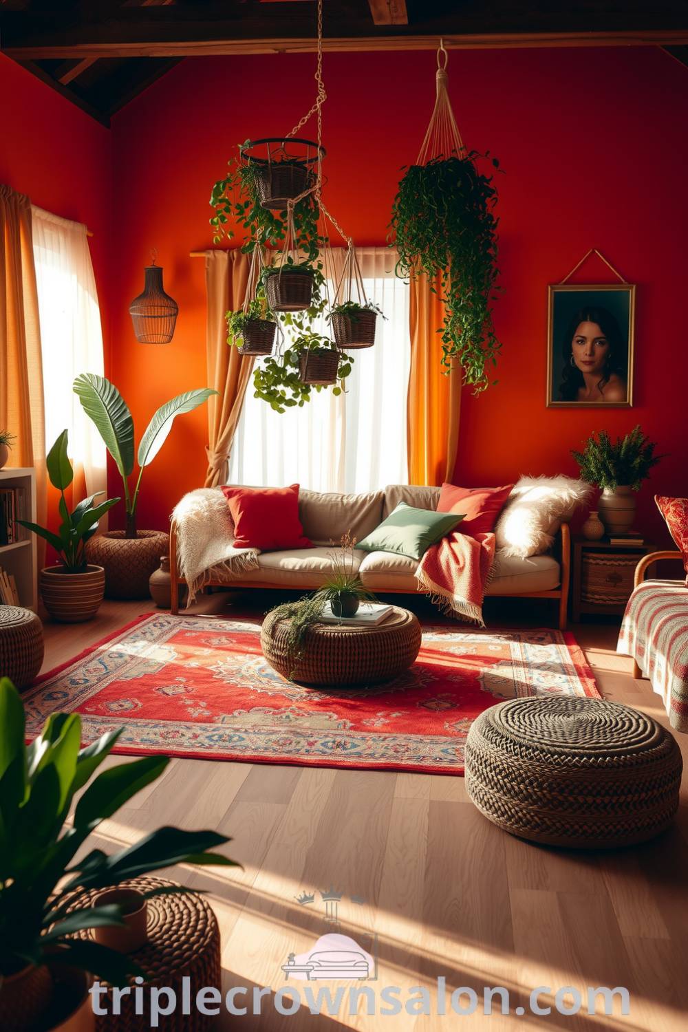 Cozy boho living room featuring rich orange accents, terracotta colors, a handmade coffee table, plush rugs, and hanging plants, creating a warm and inviting atmosphere, filled with unique decor ideas for your home at fireplacesandwoodstoves.com.