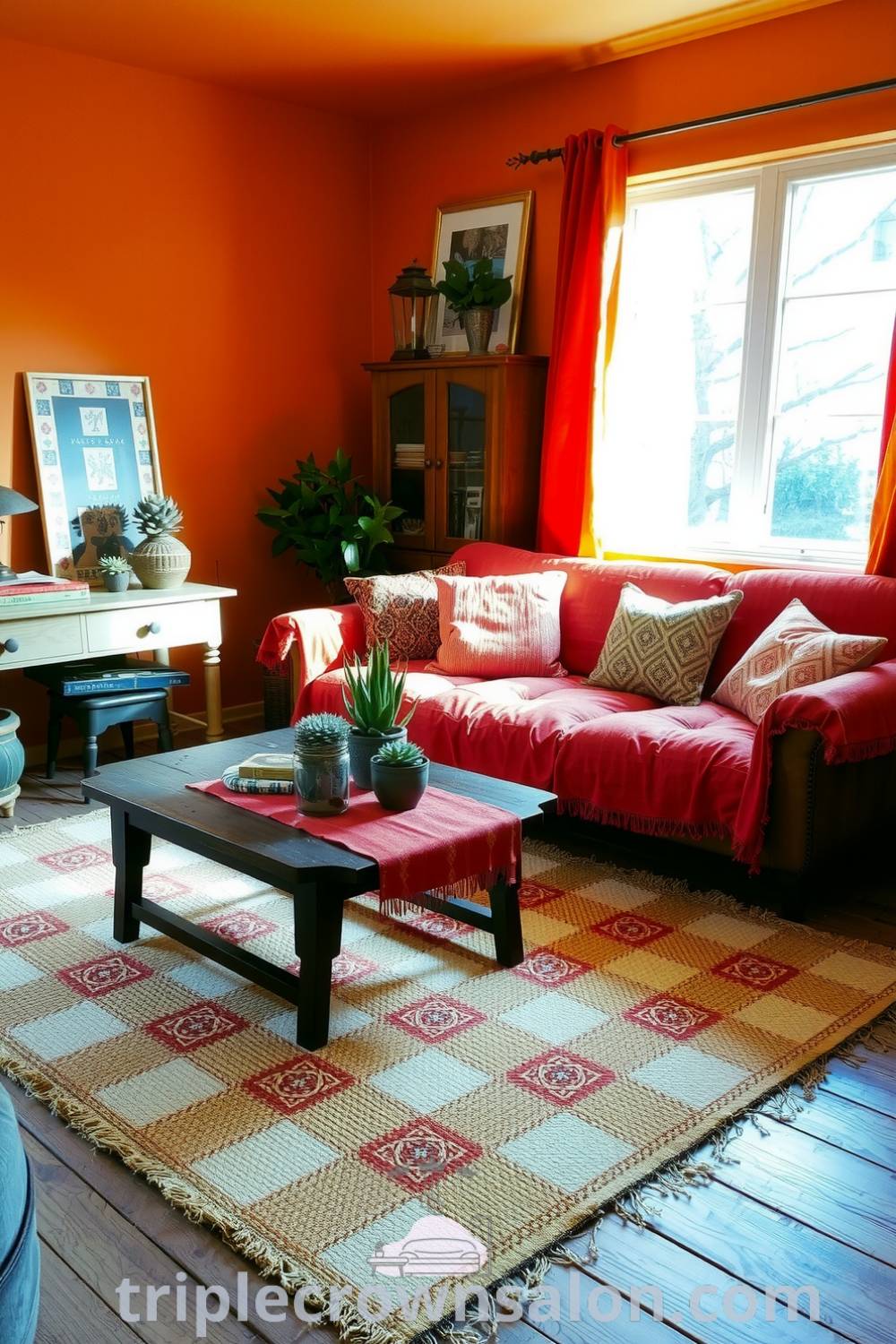 Cozy boho living room adorned with orange tones, textured pillows, a jute rug, and vintage decor, offering inspiring design ideas for a comfortable and inviting home. Visit fireplacesandwoodstoves.com for more cozy ideas.