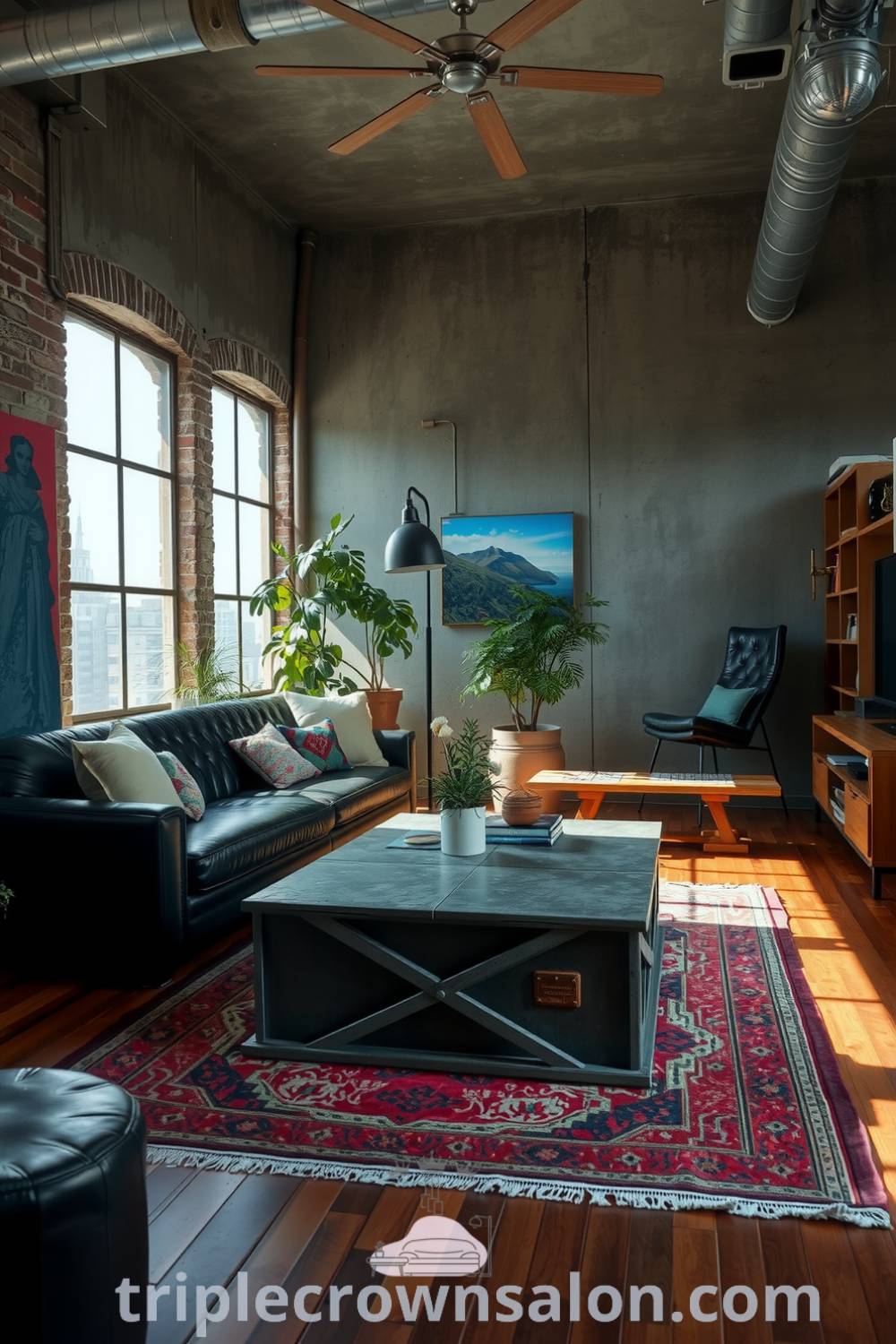 Industrial living room with raw concrete walls, warm wooden accents, a black leather sofa, an old metal coffee table, a patterned rug, and potted plants, creating an inspiring cozy aesthetic for your home. Visit triplecrownsalon.com for more cozy ideas and design inspirations.