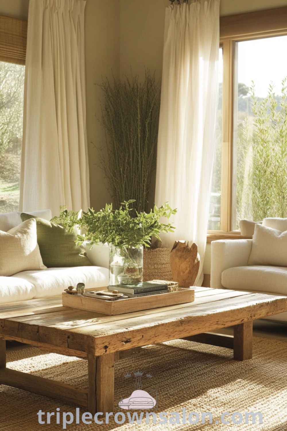 Nature-inspired living room featuring soft greens and browns, reclaimed wood furniture, plush earth-toned sofas, sunlight streaming through linen curtains, and vibrant indoor plants, creating cozy home decor ideas for a comfortable and inviting atmosphere. Visit triplecrownsalon.com for more design inspirations.