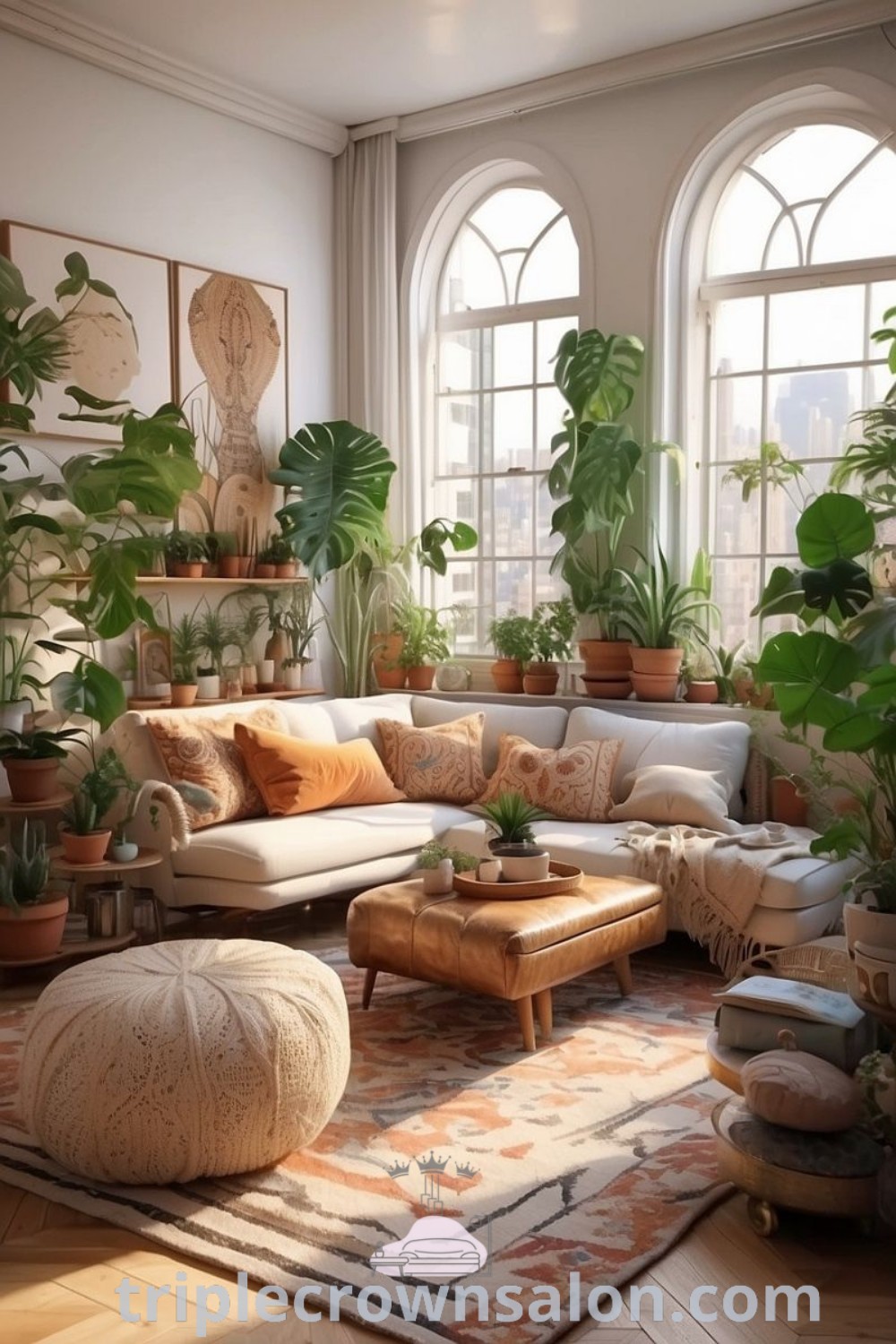 A cozy living room filled with various potted plants beside large arched windows, embodying an earthy home aesthetic. This inviting design trend offers unique ideas for your home and inspires decor ideas for small spaces. Explore more inspirations at triplecrownsalon.com.