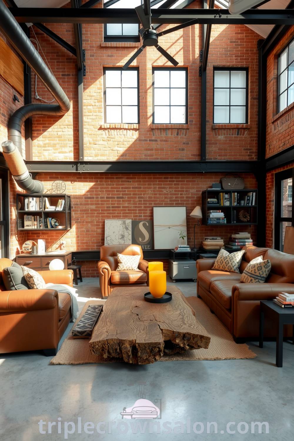 Industrial living room with metal accents, warm beige color palette, exposed brick walls, polished concrete floor, leather and fabric furnishings, and a wooden coffee table, showcasing cozy decor ideas for your home. Visit triplecrownsalon.com for more inspiring design ideas.