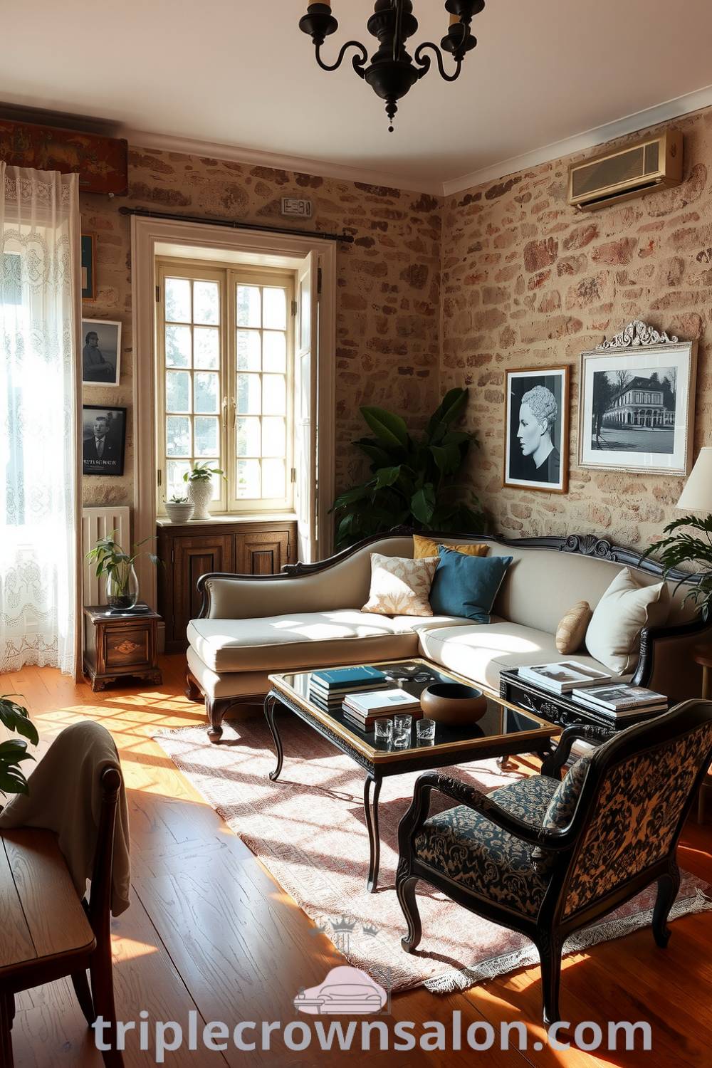 Cozy French living room with muted earth tones, exposed stone walls, faded velvet sofa, ornate coffee table with books and glass trinkets, lace curtains, and potted plants, creating a warm and inviting atmosphere. Visit triplecrownsalon.com for inspiring decor ideas.
