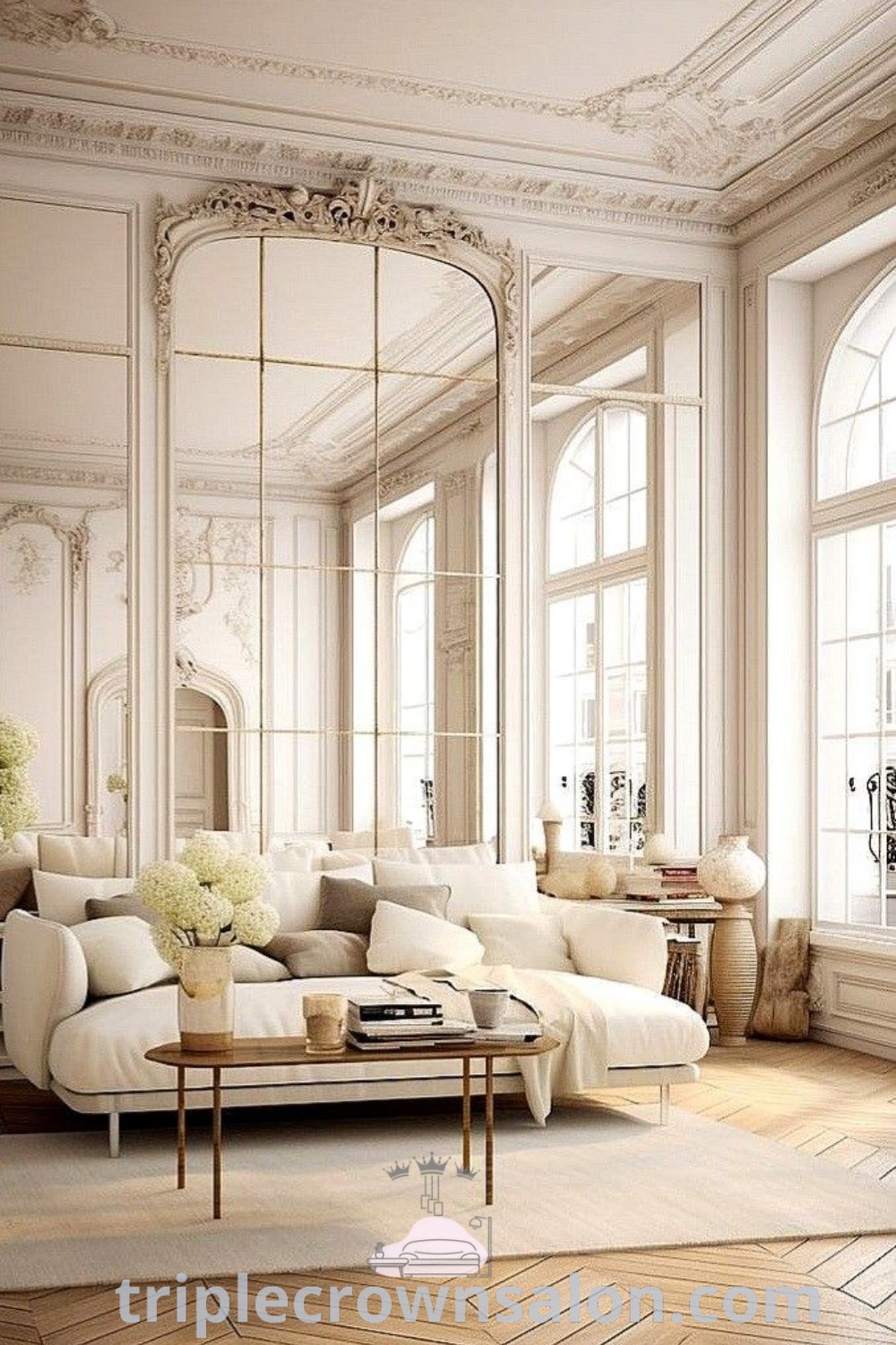 An elegant living room with white French inspired furniture, large mirrors above a couch, and classic interior design elements, creating a cozy yet sophisticated space. Discover unique decor ideas for your home at triplecrownsalon.com.