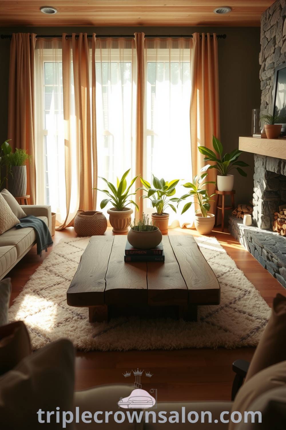 Nature-inspired living room with earthy palette of muted greens and browns, reclaimed wood coffee table, organic cotton rug, stone fireplace, potted plants, and sheer linen curtains, creating a serene and cozy home environment. See more at triplecrownsalon.com.