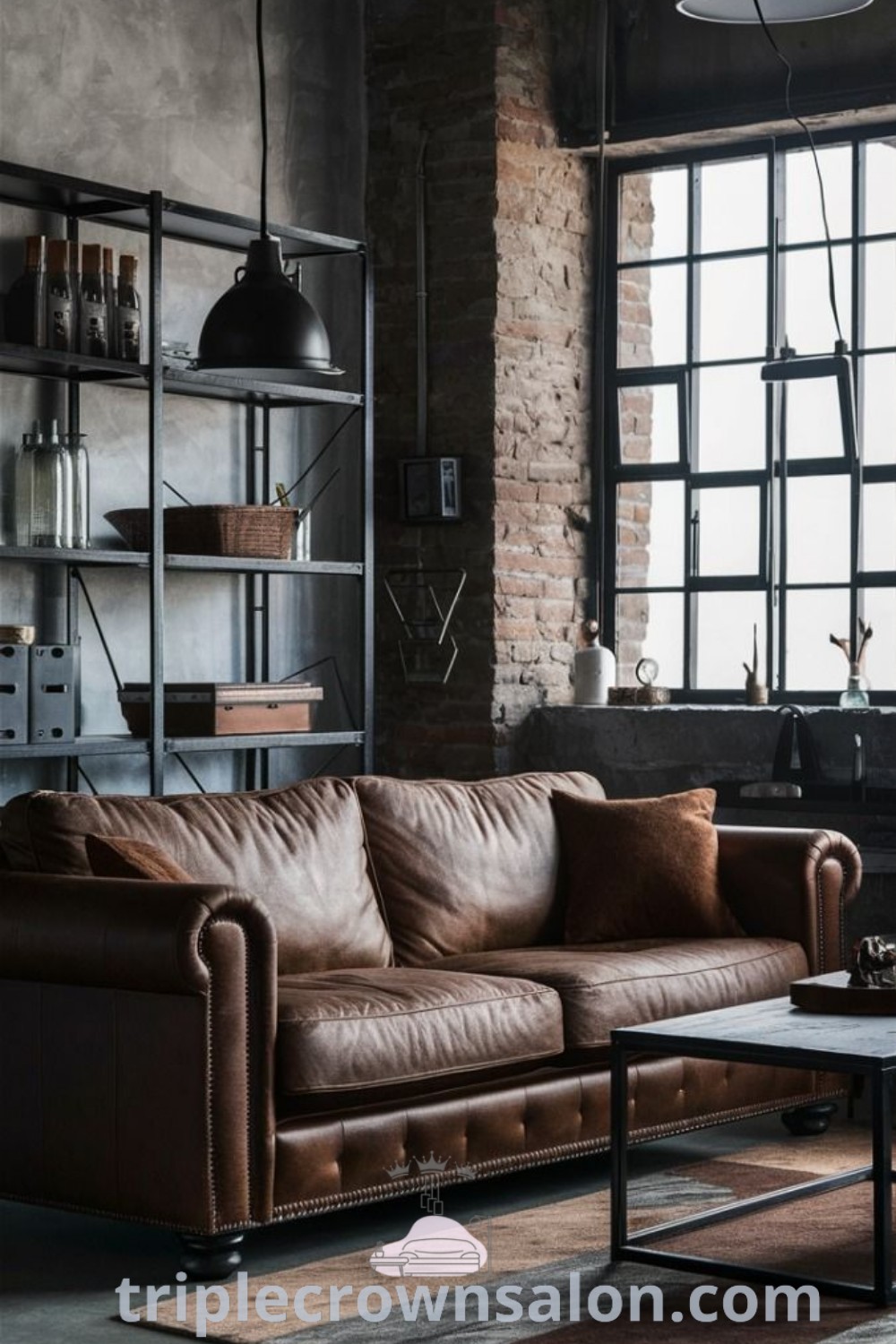A brown leather couch sitting in front of a window, enhancing the cozy living room aesthetic with modern decor inspirations. This setup offers unique ideas for your home and is perfect for anyone searching for decor ideas for small spaces. Discover more design tips at triplecrownsalon.com.
