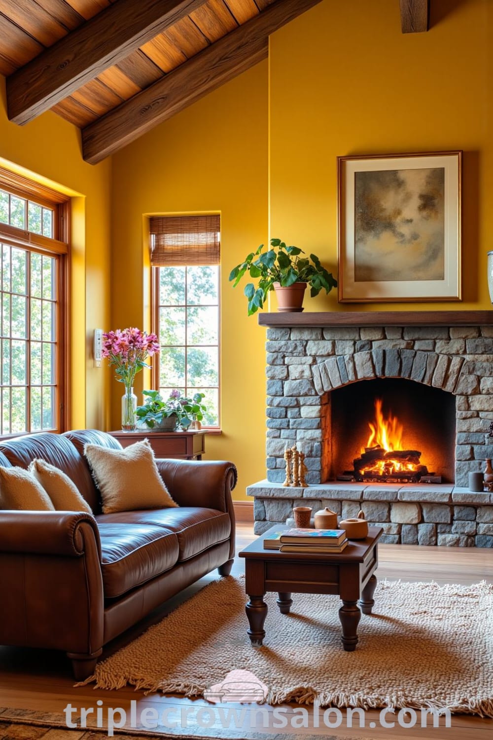 Cozy living room with golden yellow walls, a leather sofa, and a stone fireplace, featuring warm accents and decor inspirations for a welcoming home. Visit fireplacesandwoodstoves.com for cozy ideas and design inspiration.