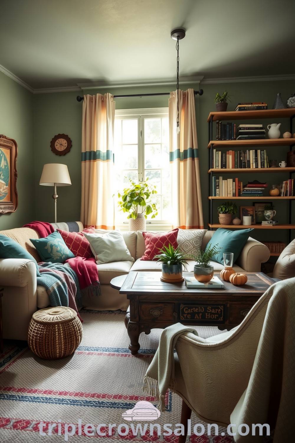 Cozy boho living room adorned with soft green tones, plush textures, an antique coffee table, potted plants, and filled with well-loved books, showcasing inspiring decor ideas for a warm and inviting home on fireplacesandwoodstoves.com.