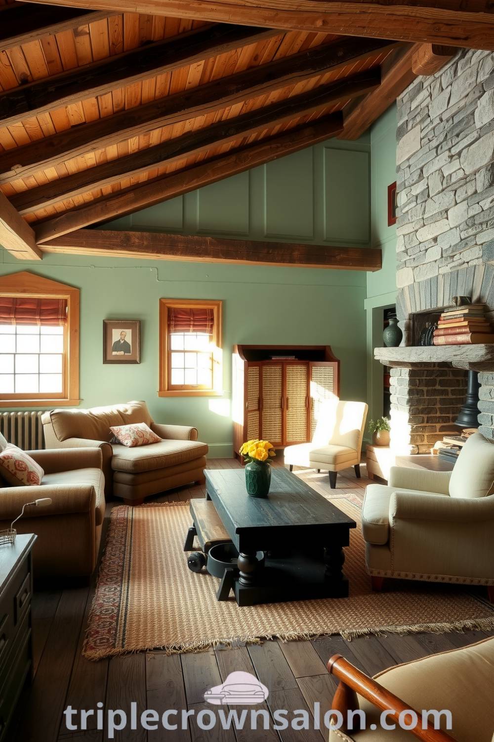 Cozy living room with soft green walls, large stone fireplace, and mismatched furniture, featuring a woven rug and warm sunlight, providing inviting decor ideas and inspirations for your home at fireplacesandwoodstoves.com.