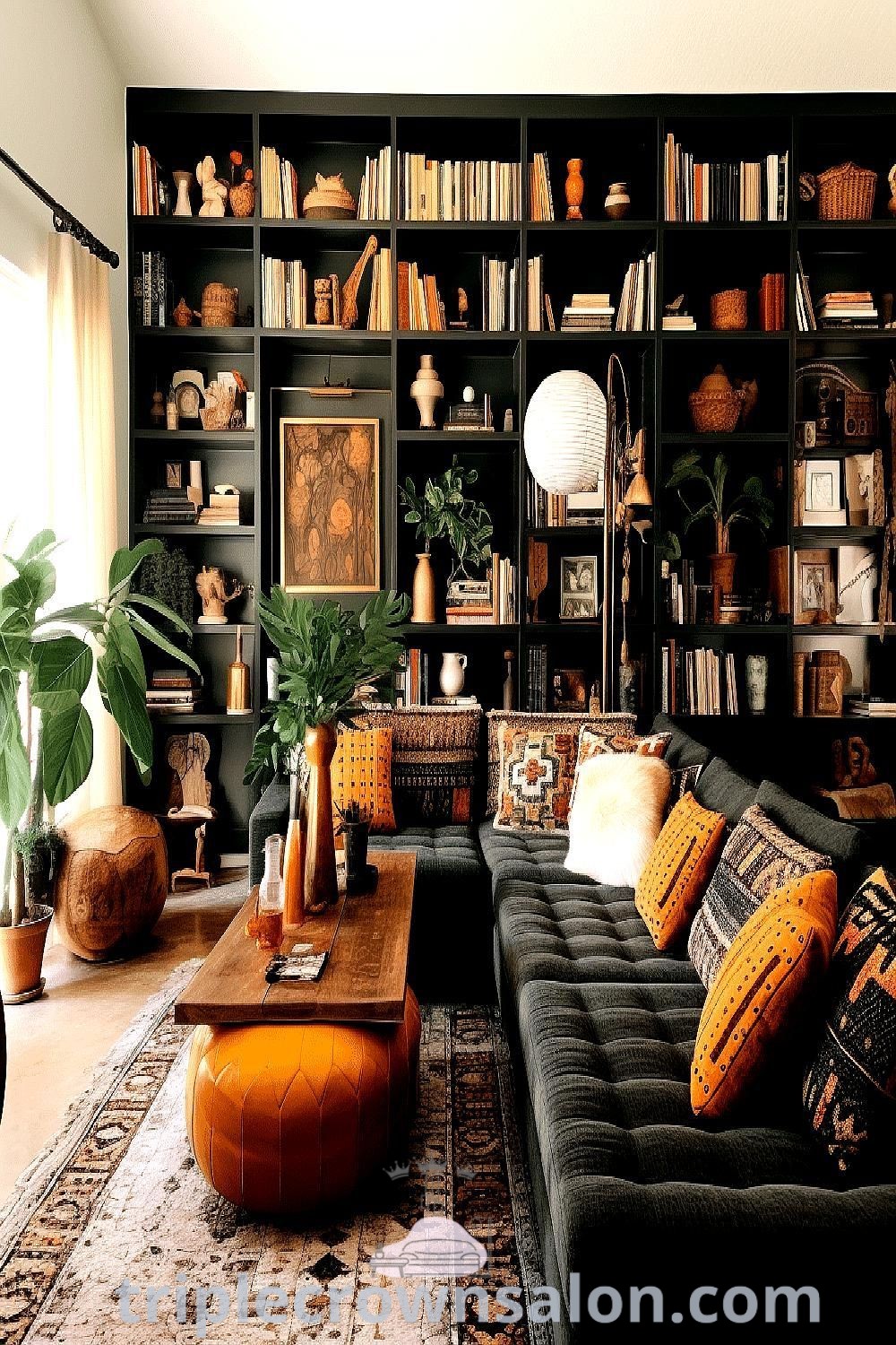 A modern bohemian living room filled with an array of colorful furniture, bookshelves, and cozy decor ideas, creating an inviting and vibrant atmosphere. Experience the beauty of bohemian living room design inspirations perfect for your home. Explore more decor ideas at triplecrownsalon.com.