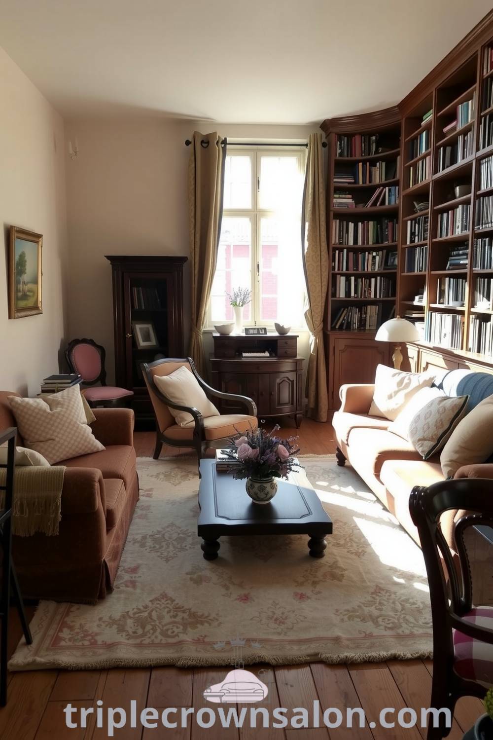 Warm French living room featuring beige walls, rich wooden furniture, a faded rug, sunlight filtering through sheer curtains, and shelves of well-loved novels, creating a cozy atmosphere. For decor ideas and inspirations, visit triplecrownsalon.com.