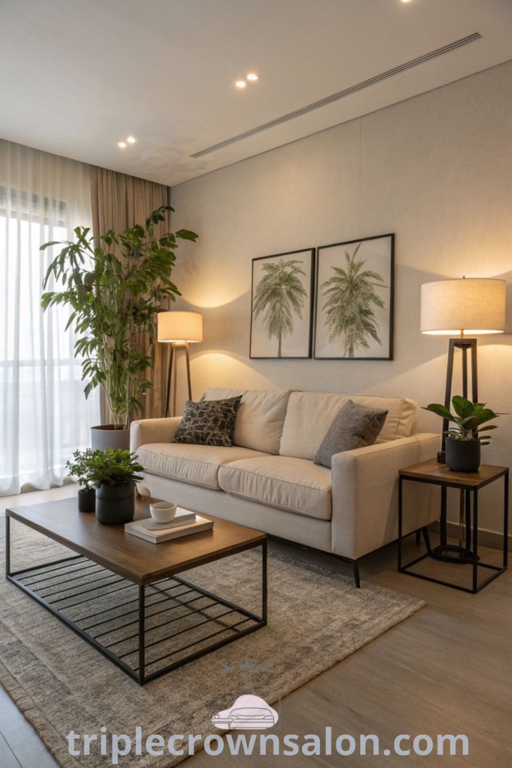 A minimalistic living room with clean decor, showcasing plants on the coffee table and neutral tones, ideal for cozy home ideas and modern living room inspiration. Explore more design tips at triplecrownsalon.com.