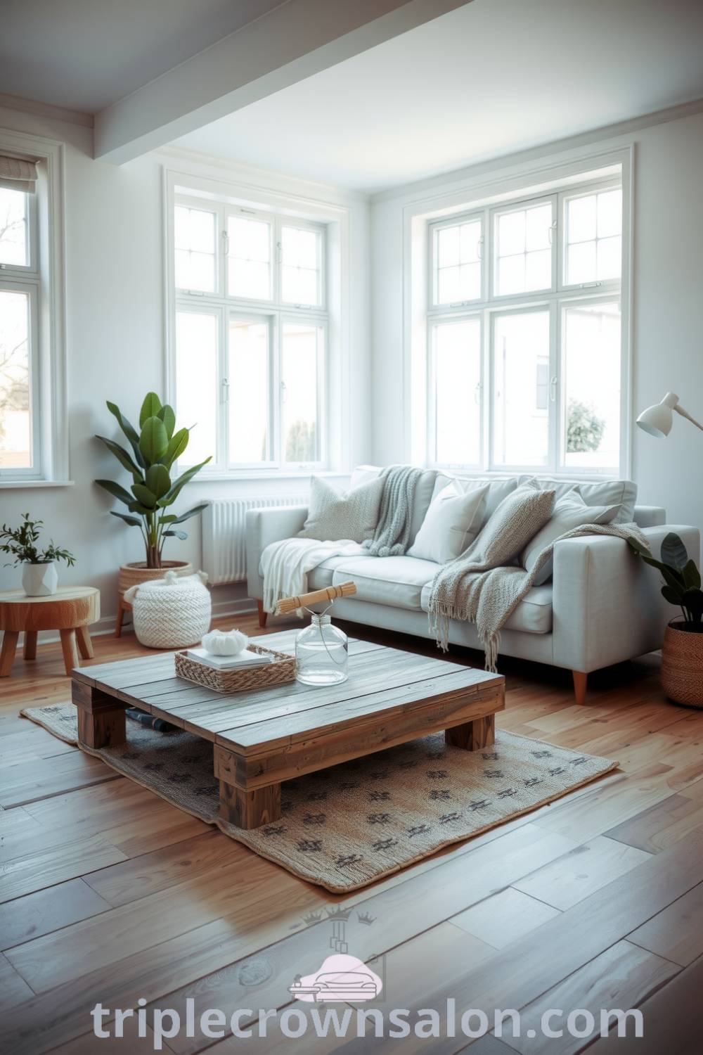 Cozy Scandinavian living room with white walls, light grey sofa adorned with knitted throws and cushions, rustic reclaimed wood coffee table, potted plants, and a serene ambiance, featuring decor ideas for cozy aesthetics at triplecrownsalon.com.
