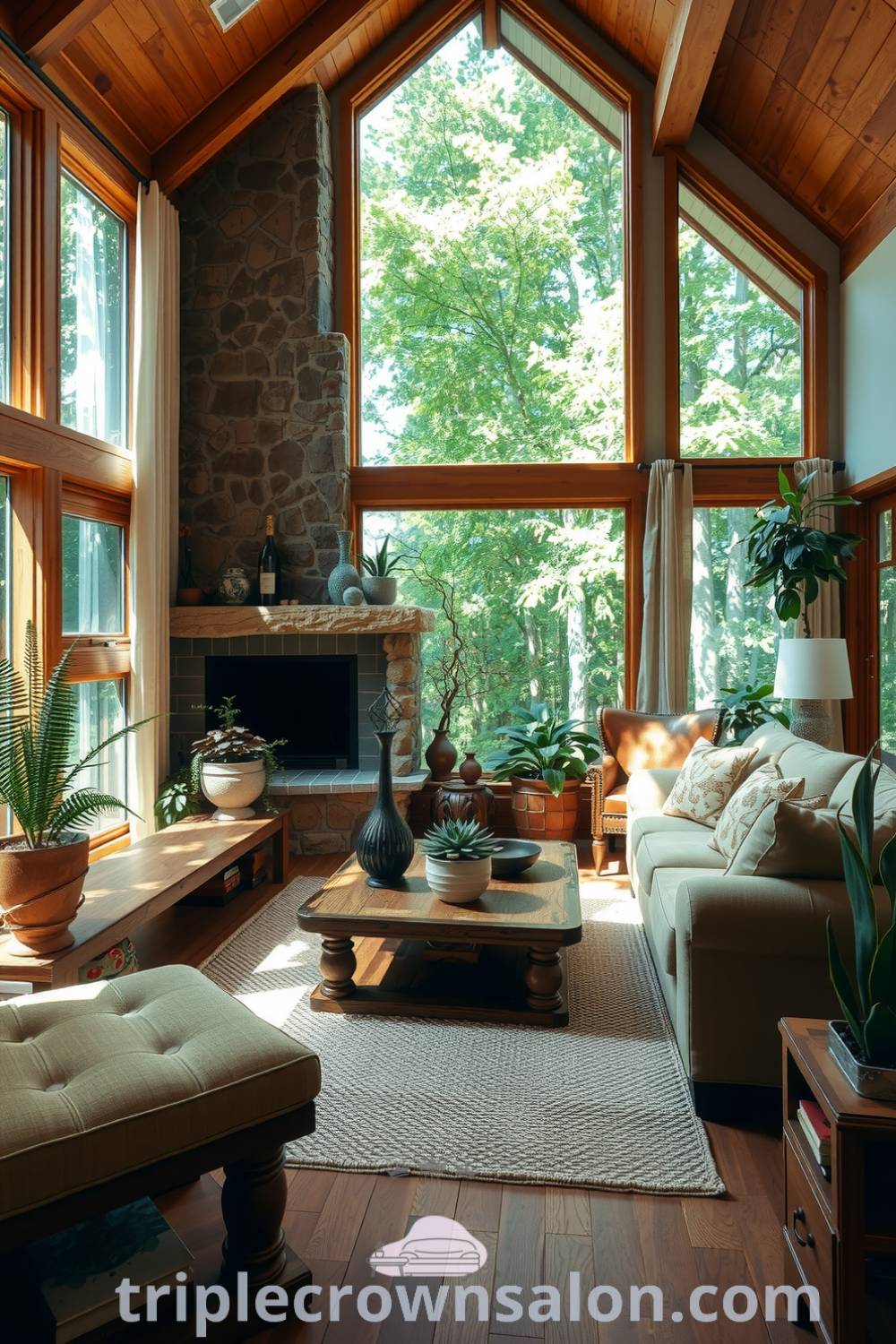Nature-inspired living room featuring reclaimed wood furniture, woven rug, potted plants, large windows with linen curtains, and a stone fireplace, ideal for cozy aesthetics and inspiring decor ideas for your home at triplecrownsalon.com.