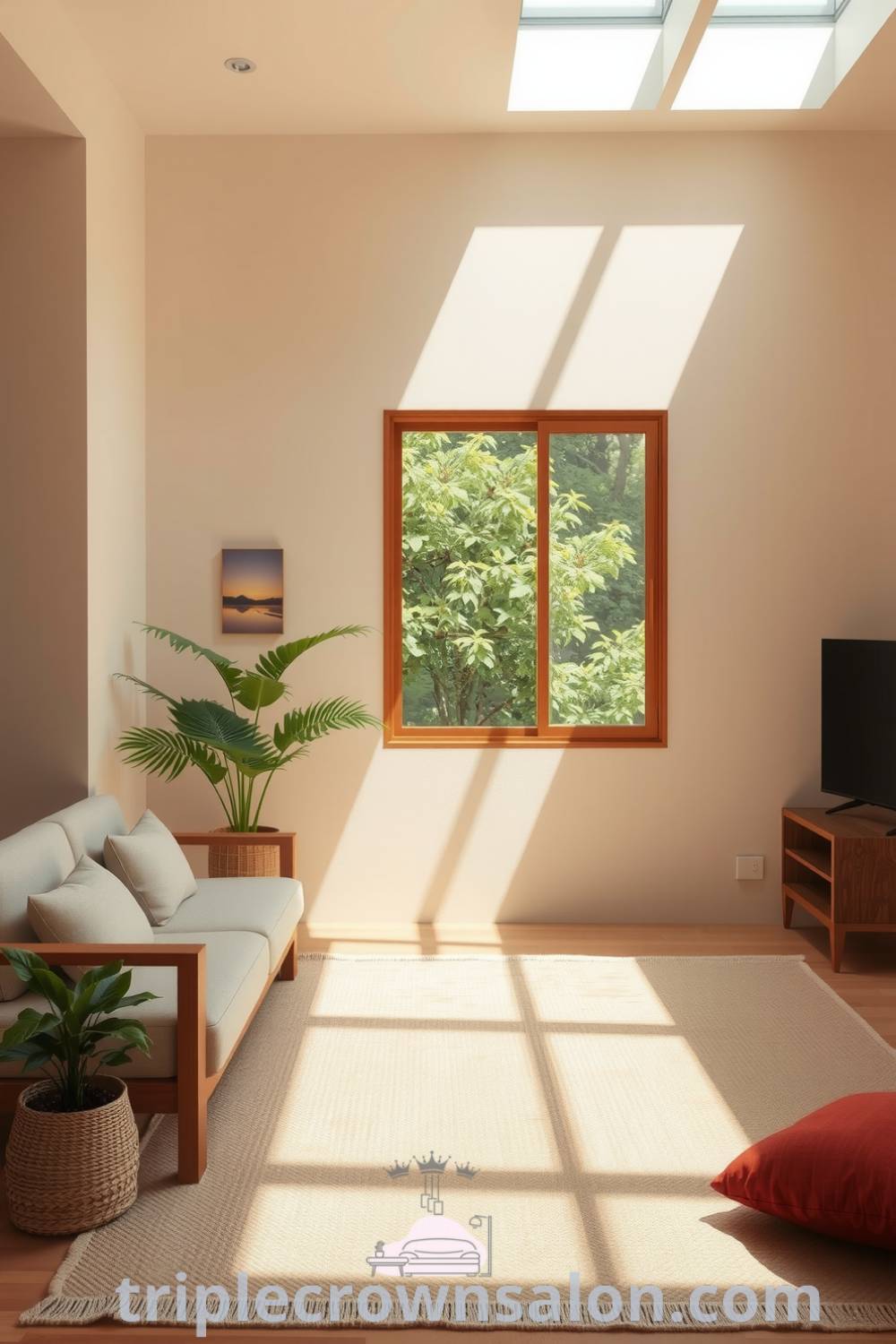 A serene Japandi living room featuring soft beige tones, natural light from large windows, low-profile warm wood furniture, a textured woven rug, and a few carefully selected plants, creating a cozy aesthetic perfect for relaxation and tranquility. Visit triplecrownsalon.com for more decor ideas.