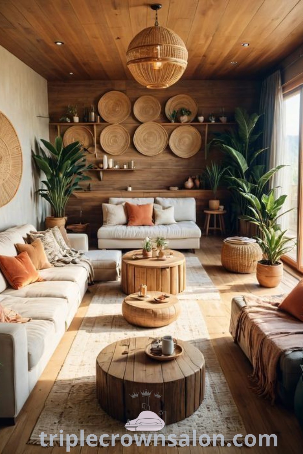 A vibrant living room filled with furniture and plants, exemplifying earthy interior design and tropical luxe decor ideas. This cozy space offers unique inspirations for 2 bedroom apartments, perfect for enhancing your home. Explore more decor ideas at triplecrownsalon.com.