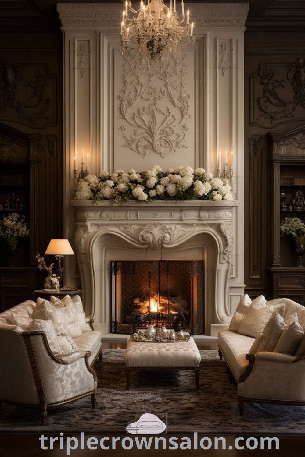 An elegant living room featuring classic maximalist decor, a French fireplace, and a floral chandelier. This cozy home design offers unique ideas for maximalist interior styles and decor inspirations. Explore more at triplecrownsalon.com.