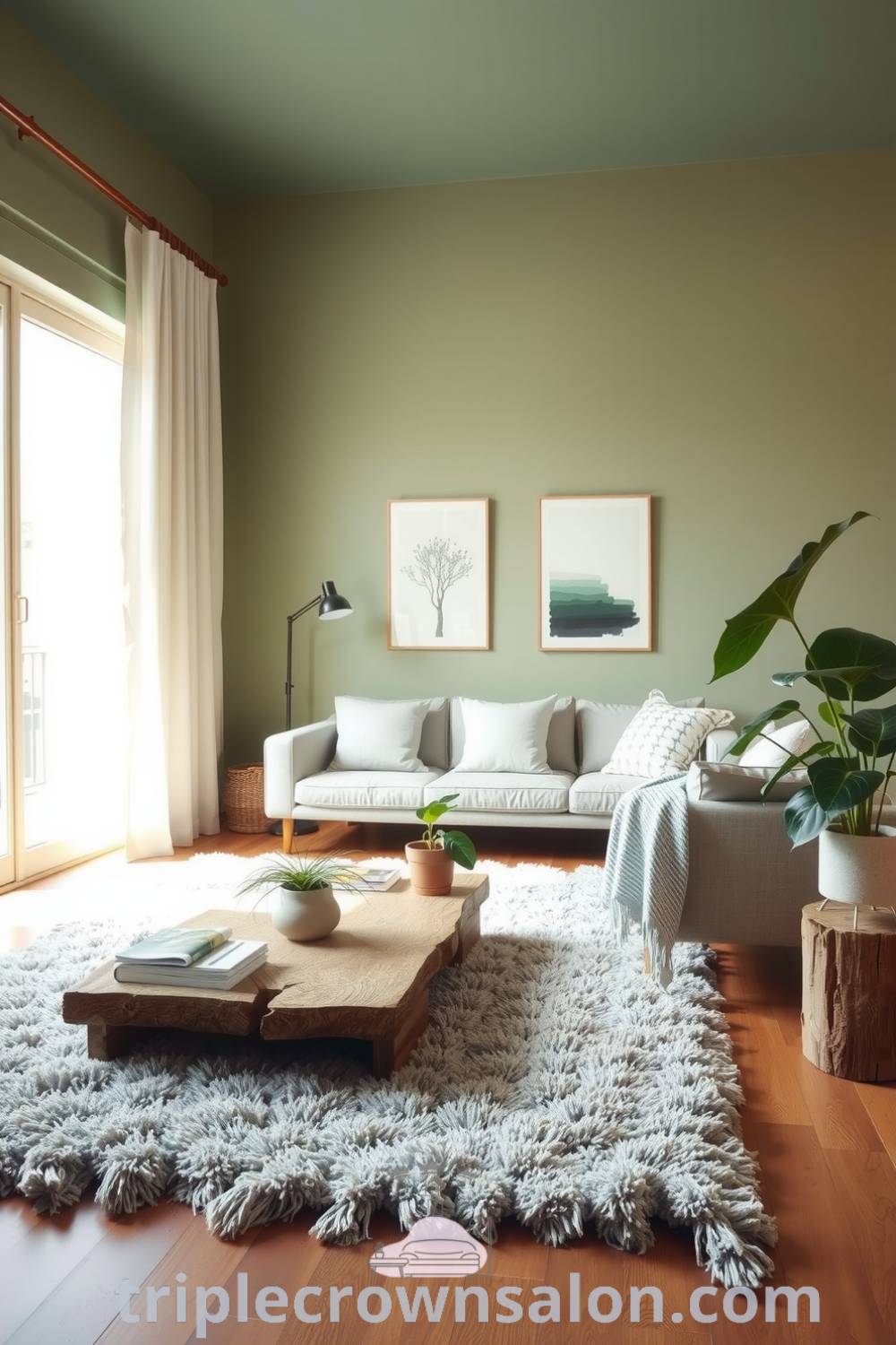 Scandinavian living room with soft green tones, natural light, warm wood flooring, plush area rug, low-profile sofa with textured pillows, reclaimed wood coffee table, and houseplants in ceramic pots, presenting cozy design ideas for your home at triplecrownsalon.com.