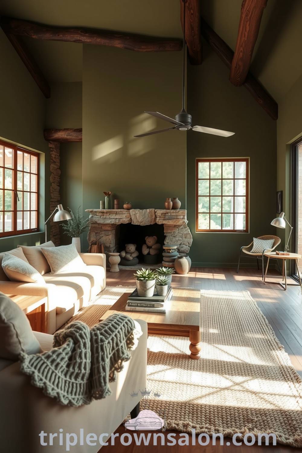 Cozy nature-inspired living room featuring earthy tones, muted green walls, exposed stone, a woven rug, mismatched furniture, and plenty of sunlight, providing cozy ideas and decor inspirations for your home at triplecrownsalon.com.