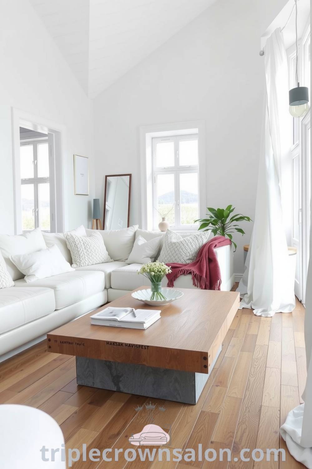 Scandinavian living room featuring a large sofa with chunky knit pillows, handwoven throw, wooden floors, and concrete decor accents, centered around a reclaimed wood coffee table with books and wildflowers, embodying cozy home decor ideas from triplecrownsalon.com.