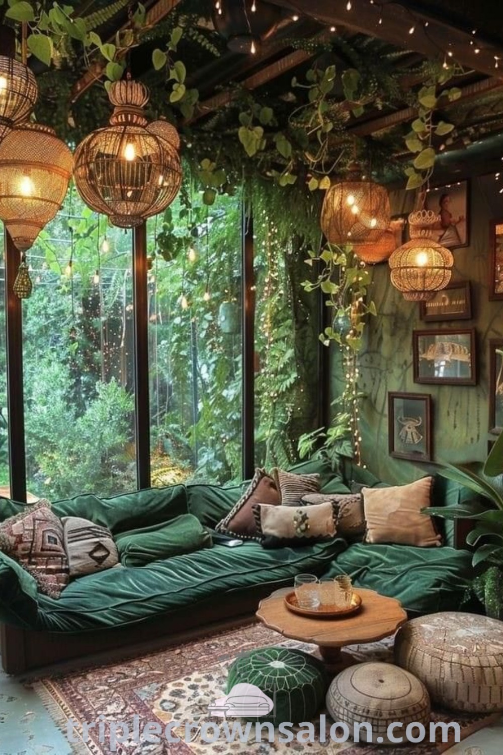 A cozy living room featuring vibrant green furniture and hanging lights, illustrating unique decor ideas for a dream house. This inspiring space highlights design inspirations for decorating your home stylishly. Discover more design tips at triplecrownsalon.com.