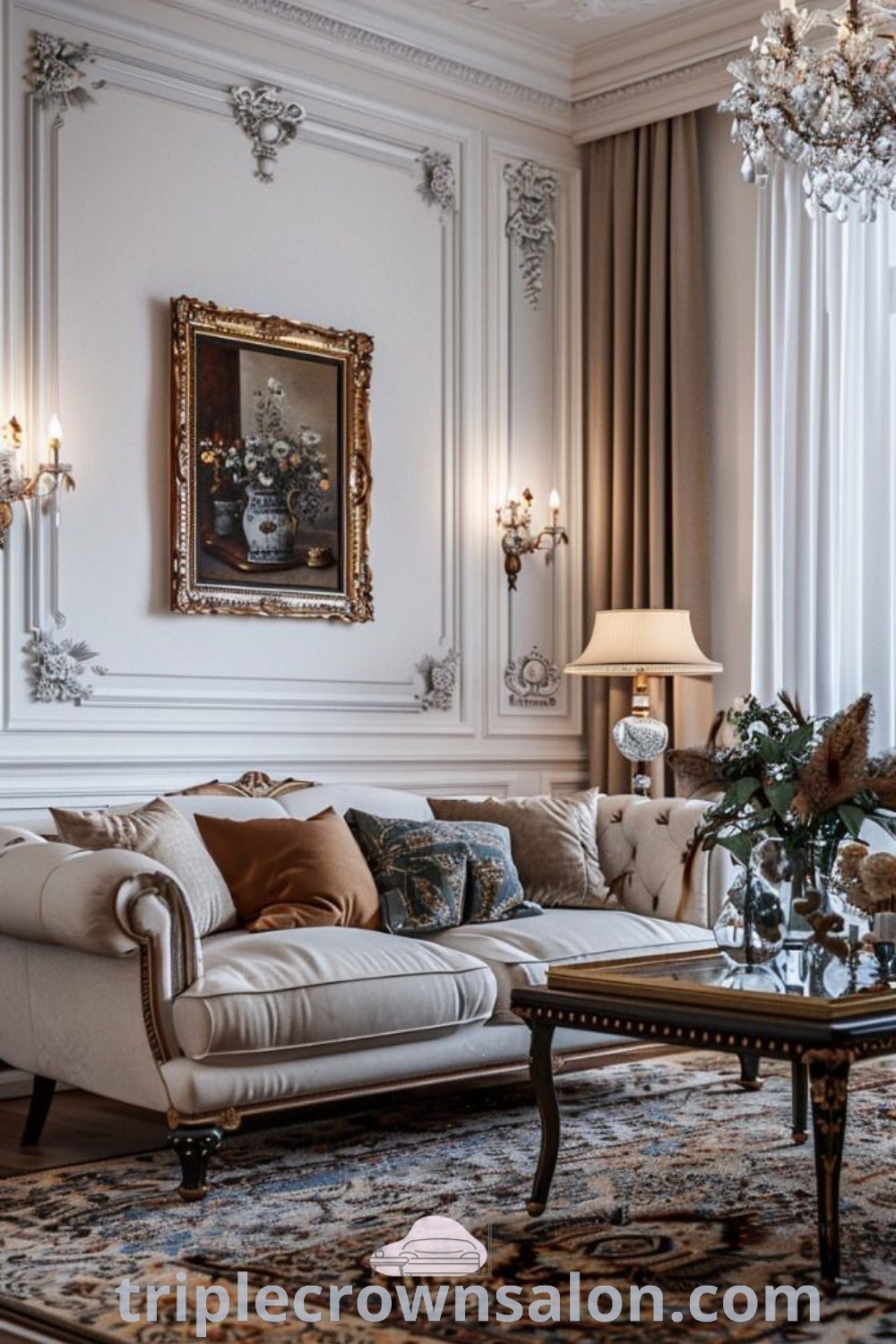 A modern Victorian-style living room filled with classic furniture, a beautiful chandelier, and elegant color schemes for a cozy aesthetic. This decor exemplifies inspiring ideas for your home, blending traditional and formal design elements. Discover more decor ideas at triplecrownsalon.com.