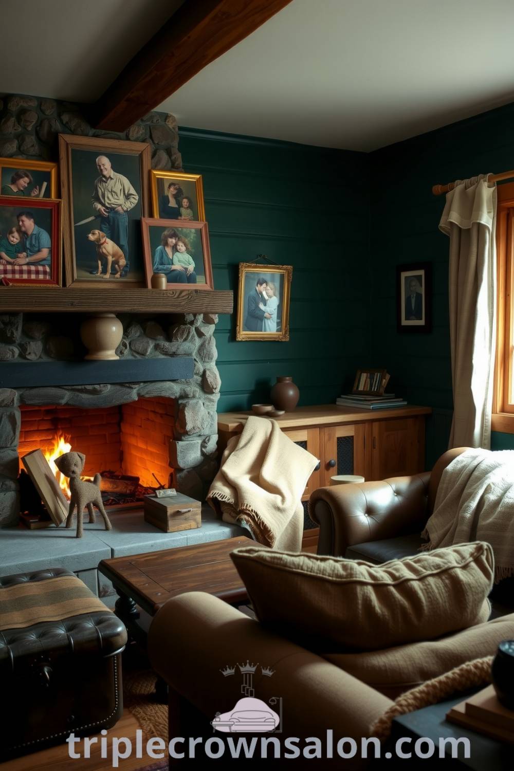 Rustic living room featuring green walls, heavy wooden furniture, a stone fireplace, and vintage photographs, creating a cozy atmosphere perfect for relaxation. Discover cozy ideas and decor inspirations for your home at fireplacesandwoodstoves.com.