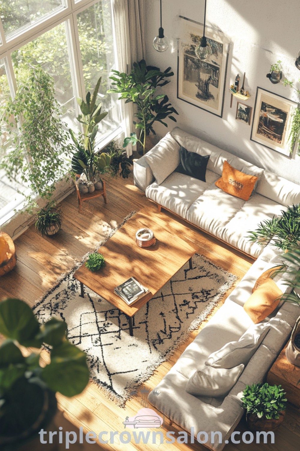 A cozy modern living room showcasing stylish furniture and plants, illuminated by natural light, creating a calm atmosphere. This design offers unique ideas for your home with a neutral palette and inviting decor. Explore more cozy home inspirations at triplecrownsalon.com.