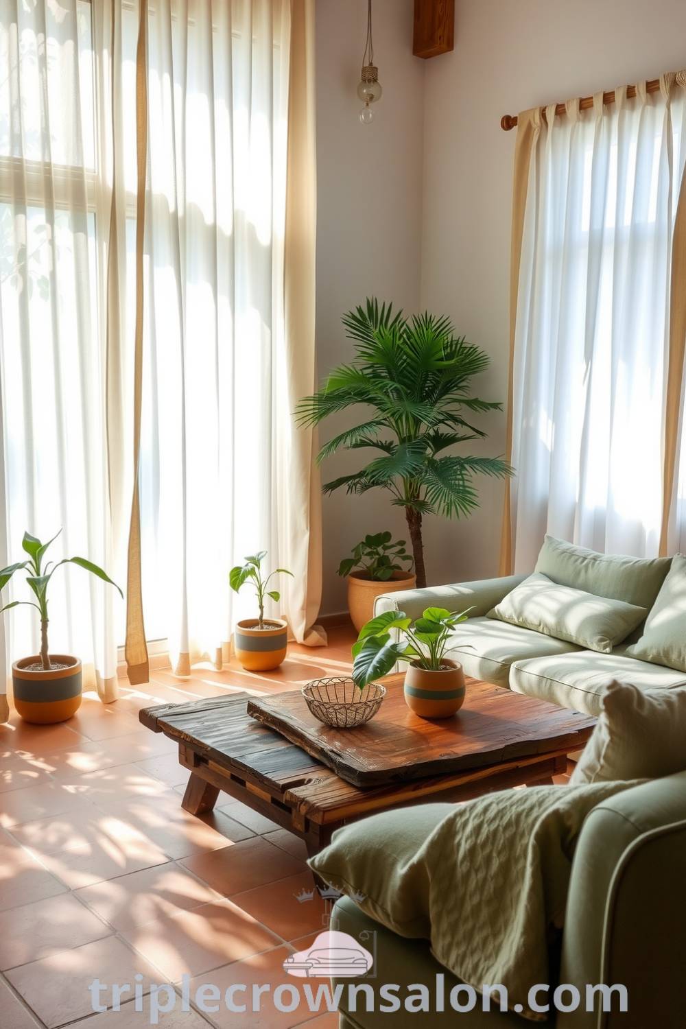 Living room featuring natural light through sheer linen curtains, earthy tones, reclaimed wood coffee table, soft linen sofas in muted greens, potted plants in handmade ceramic pots, and terracotta tiles, creating a cozy home atmosphere with inspiring decor ideas for small spaces. Visit triplecrownsalon.com for more design inspirations.