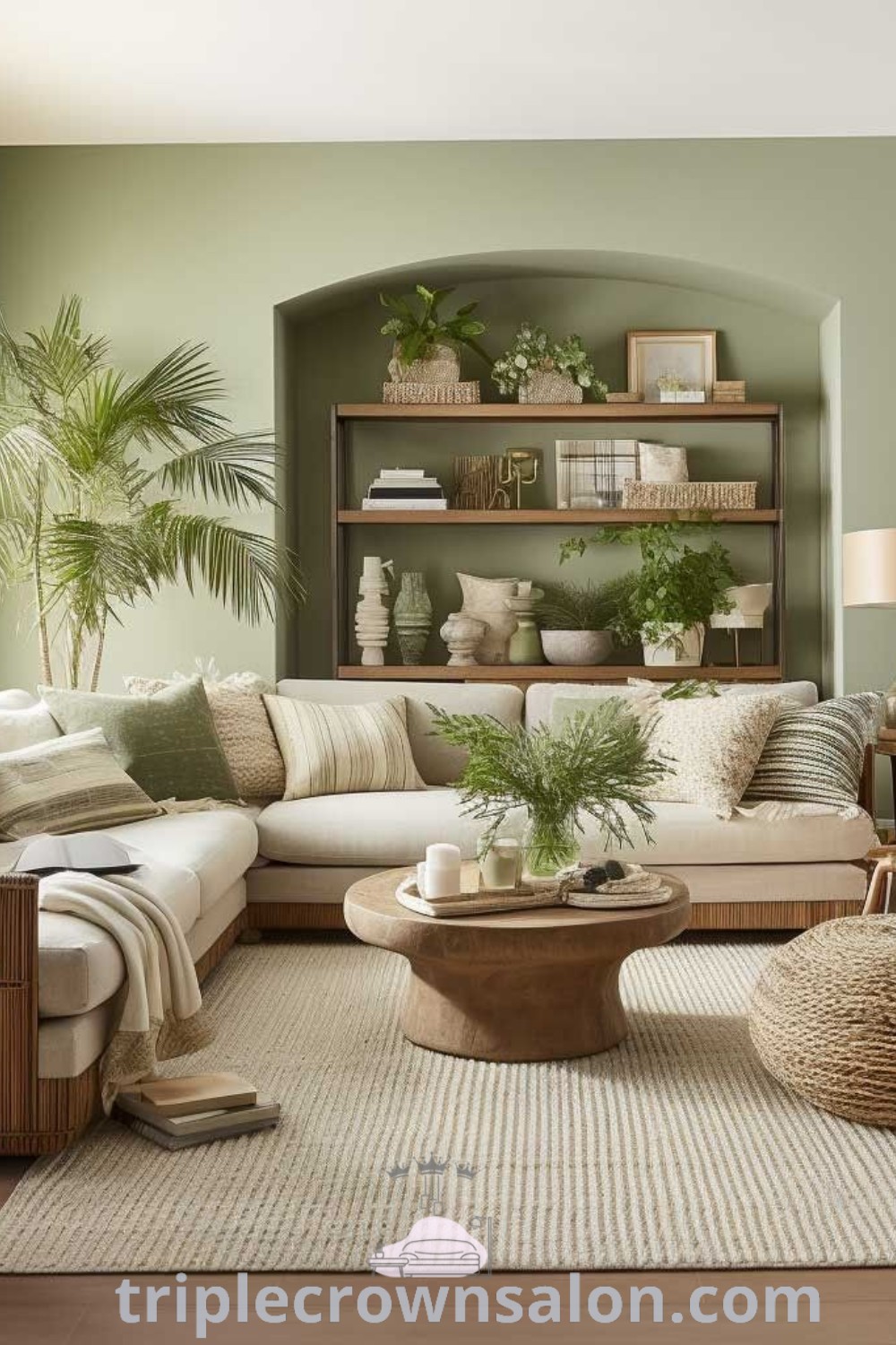 A modern green living room filled with stylish furniture, lush plants, and decor ideas that enhance the cozy aesthetic. Discover inspiring designs and tips for a refreshing space at triplecrownsalon.com.