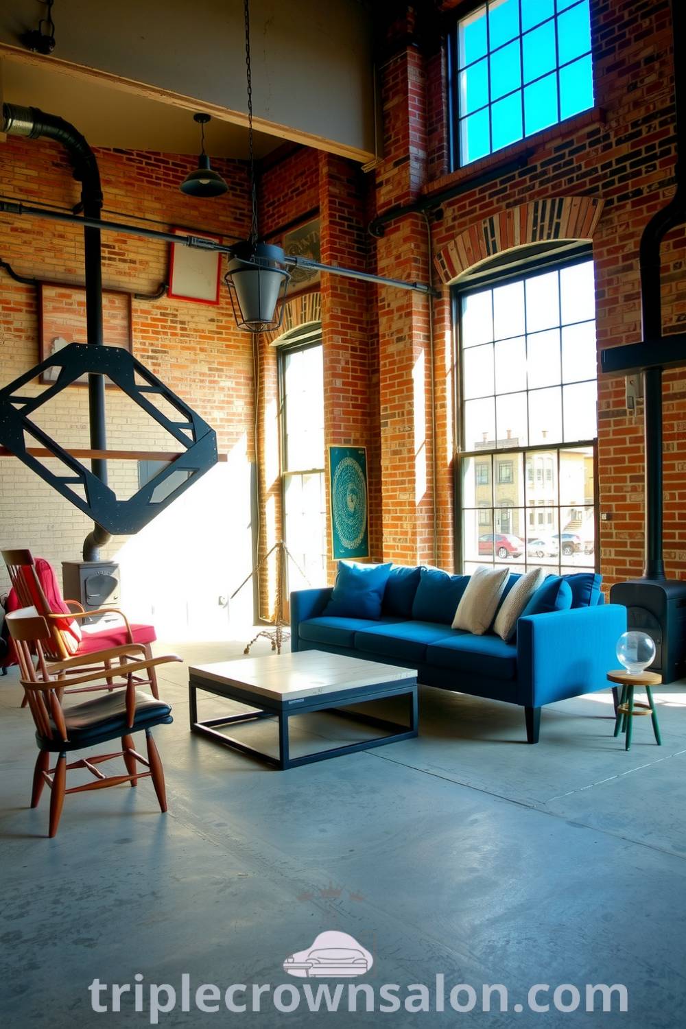 Industrial living room featuring exposed brick walls, a concrete floor, large windows, a plush blue sofa, mismatched chairs, and a metal coffee table, with a cozy wood stove, showcasing cozy ideas and unique decor inspirations for your home on triplecrownsalon.com.